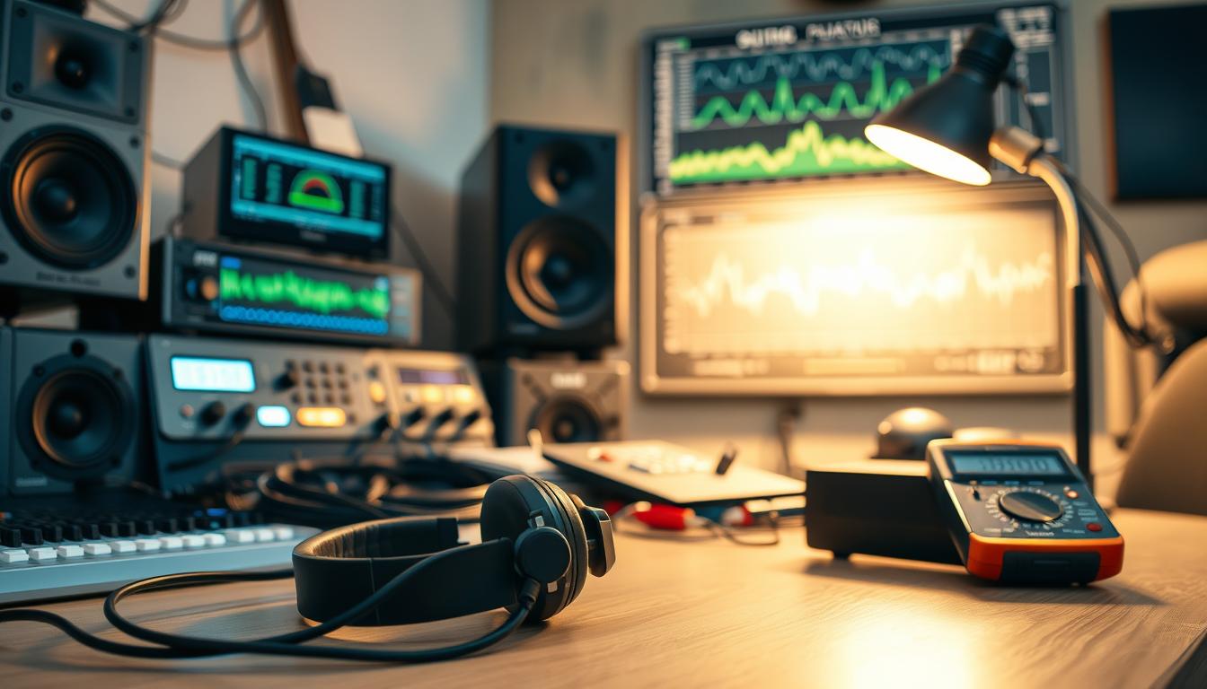 A technician's workspace, well-lit by a warm lamp, featuring an array of audio equipment including a mixing console, speakers, and cables. In the foreground, a pair of headphones and a multimeter lie on the desk, ready for systematic troubleshooting. The background showcases a wall-mounted audio spectrum analyzer, providing visual insights into the signal quality. The scene conveys a sense of focus and problem-solving, capturing the essence of diagnosing static interference in a surround sound system. A technician's workspace, well-lit by a warm lamp, featuring an array of audio equipment including a mixing console, speakers, and cables. In the foreground, a pair of headphones and a multimeter lie on the desk, ready for systematic troubleshooting. The background showcases a wall-mounted audio spectrum analyzer, providing visual insights into the signal quality. The scene conveys a sense of focus and problem-solving, capturing the essence of diagnosing static interference in a surround sound system.