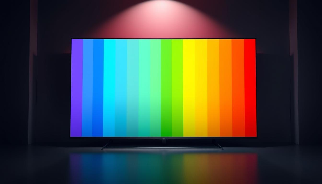 A vibrant, high-resolution spectrum of color bars displayed on a large, sleek television screen. The bars transition smoothly from deep reds and oranges on the left to vivid greens, blues, and purples on the right, providing a comprehensive visual representation of the TV's color calibration range. The screen is placed in a dimly lit, minimalist room with neutral-toned walls, allowing the spectrum to take center stage. Subtle reflections on the screen's glossy surface add depth and realism, while carefully positioned lighting from above casts a soft, even glow across the display, highlighting the nuances of each color. The overall scene conveys the importance of accurate color calibration for an immersive and visually stunning viewing experience.