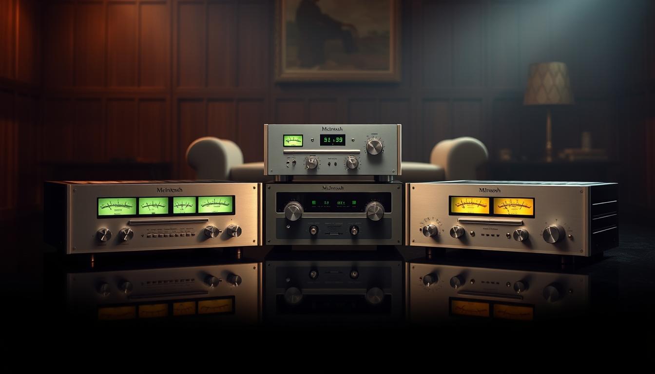 A vintage-styled, expertly-lit studio scene showcasing a comparison of iconic McIntosh receiver models from different eras. In the foreground, three classic McIntosh amplifiers are neatly arranged, their sleek silver faceplates and distinctive green power meters gleaming under warm, directional lighting. In the middle ground, the receivers are positioned on a dark, reflective surface, allowing their details and knobs to be clearly visible. The background is a softly-blurred, moody scene, perhaps a wood-paneled wall or a hint of a retro living room, creating a sense of timeless elegance. The overall mood is one of reverence and appreciation for the enduring design and engineering prowess of these legendary audio components. A vintage-styled, expertly-lit studio scene showcasing a comparison of iconic McIntosh receiver models from different eras. In the foreground, three classic McIntosh amplifiers are neatly arranged, their sleek silver faceplates and distinctive green power meters gleaming under warm, directional lighting. In the middle ground, the receivers are positioned on a dark, reflective surface, allowing their details and knobs to be clearly visible. The background is a softly-blurred, moody scene, perhaps a wood-paneled wall or a hint of a retro living room, creating a sense of timeless elegance. The overall mood is one of reverence and appreciation for the enduring design and engineering prowess of these legendary audio components.