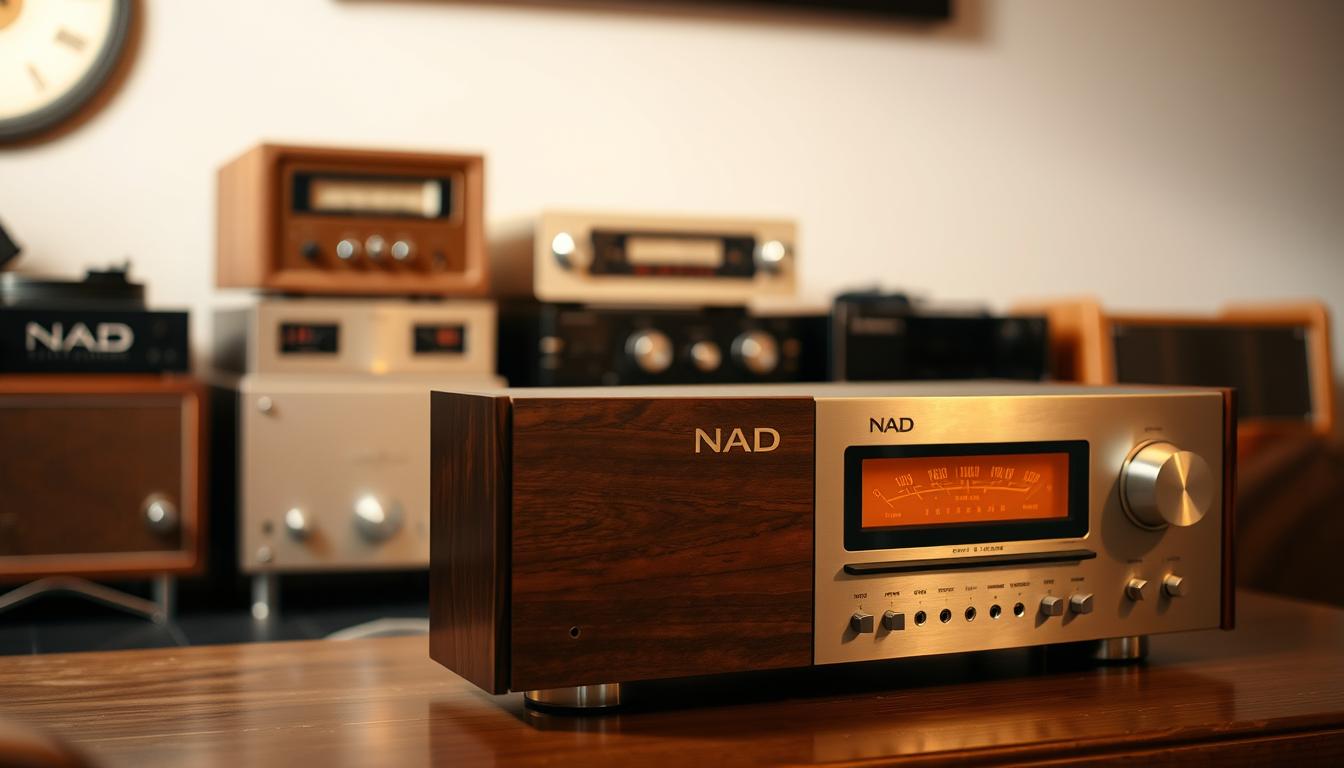 A vintage, wooden-cased NAD receiver prominently displayed in the foreground, its classic lines and brushed aluminum fascia gleaming under warm, soft lighting. In the middle ground, a collection of other vintage NAD models in various hues, showcasing the brand's design evolution over the decades. The background gently blurs, evoking a cozy, nostalgic atmosphere reminiscent of a well-appointed home audio setup from a bygone era. The image captures the timeless appeal and enduring quality that have made NAD receivers beloved by audiophiles for generations.