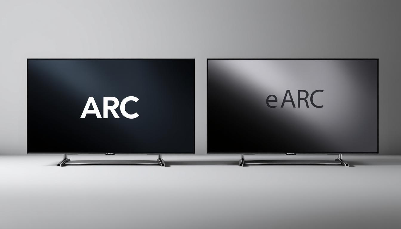 A visually striking side-by-side comparison of ARC and eARC technologies. In the foreground, two sleek, modern televisions - one showcasing the classic ARC logo, the other the advanced eARC emblem. The televisions are set against a minimalist, gray background, allowing the technologies to take center stage. Soft, directional lighting highlights the key details of each TV, accentuating their clean, angular designs. The eARC television has a subtle, shimmering effect, hinting at its enhanced audio capabilities. Subtle shadows and reflections on the surfaces create depth and dimension, guiding the viewer's eye. The overall mood is one of technological sophistication and clarity, inviting the viewer to explore the nuances between these two audio technologies. A visually striking side-by-side comparison of ARC and eARC technologies. In the foreground, two sleek, modern televisions - one showcasing the classic ARC logo, the other the advanced eARC emblem. The televisions are set against a minimalist, gray background, allowing the technologies to take center stage. Soft, directional lighting highlights the key details of each TV, accentuating their clean, angular designs. The eARC television has a subtle, shimmering effect, hinting at its enhanced audio capabilities. Subtle shadows and reflections on the surfaces create depth and dimension, guiding the viewer's eye. The overall mood is one of technological sophistication and clarity, inviting the viewer to explore the nuances between these two audio technologies.