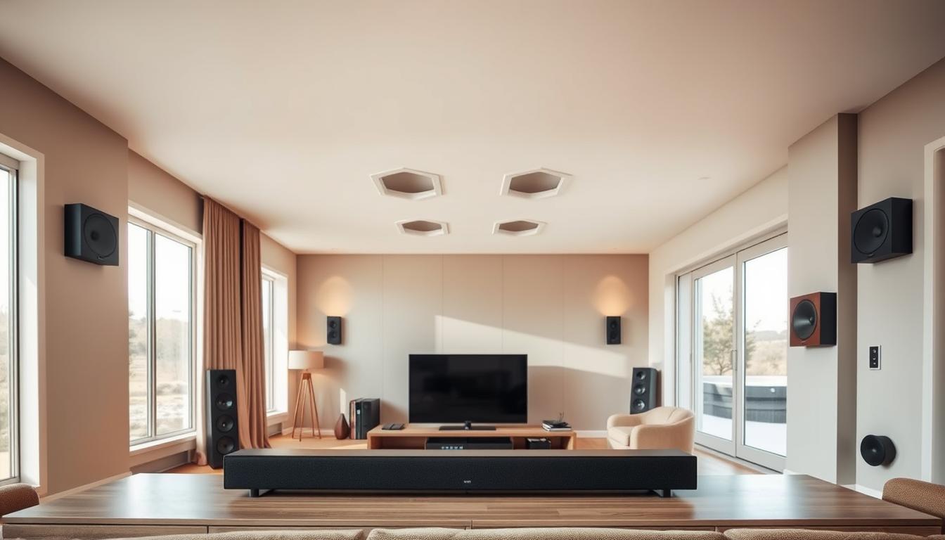 A well-designed open-concept living space with strategically placed audio equipment. In the foreground, a sleek, modern soundbar is seamlessly integrated into the entertainment console, flanked by discreet bookshelf speakers. The middle ground features a pair of in-ceiling speakers, their grilles blending seamlessly with the minimalist white ceiling. In the background, subtle wall-mounted speakers create an immersive audio environment, leveraging the room's natural acoustics. Warm, diffused lighting sets a cozy, inviting atmosphere, while the large windows allow natural light to pour in, creating a harmonious balance between audio technology and the open, airy design.