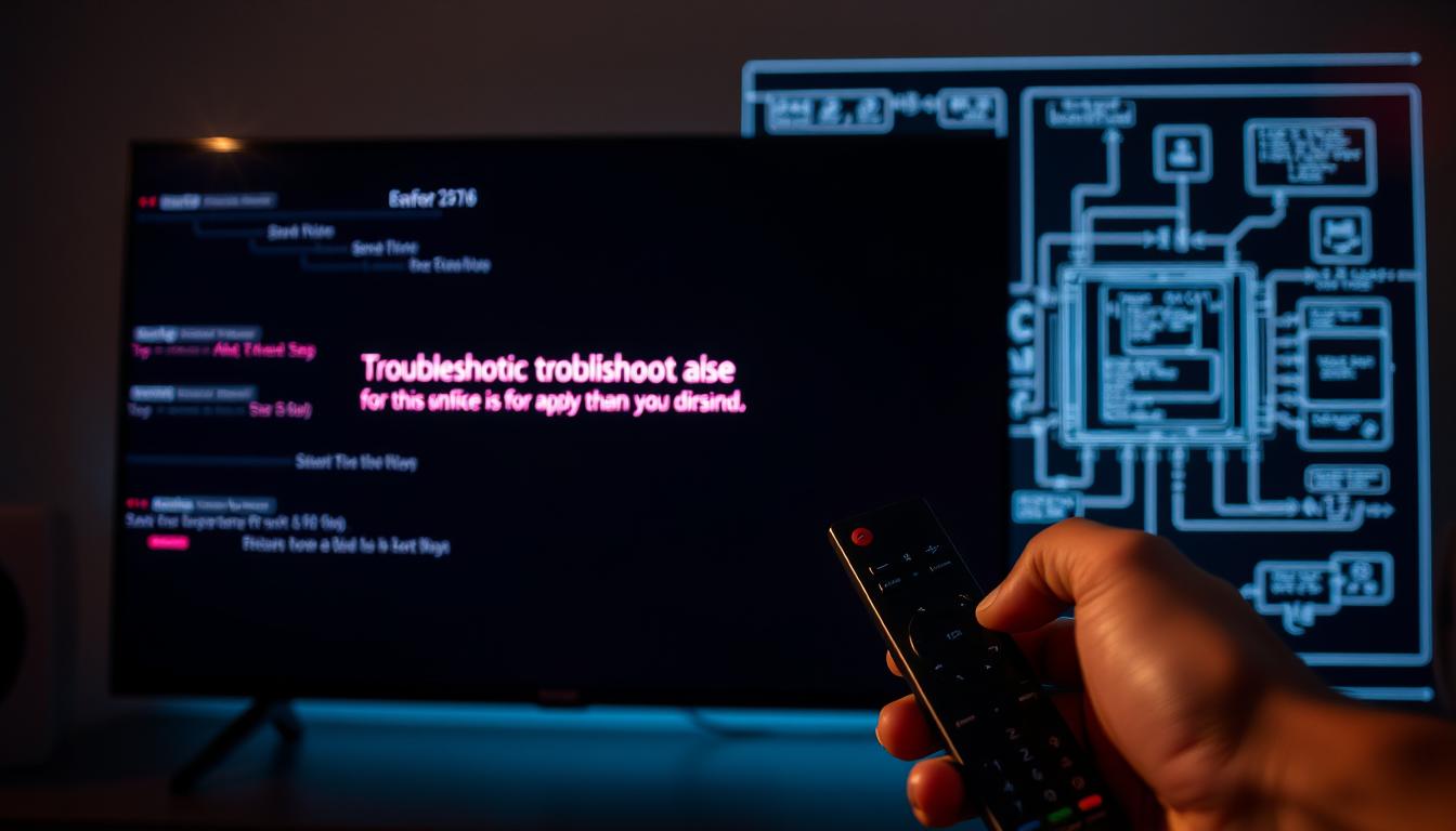 A well-lit and highly detailed troubleshooting guide for smart TV app crashes. In the foreground, a smart TV screen displays an error message against a stylized glitch effect. In the middle ground, a hand holds a remote control, symbolizing user interaction. The background features a schematic diagram of the smart TV's internal components and software architecture. Subtle lens flares and cinematic lighting create a professional, technical atmosphere. The overall composition conveys a sense of problem-solving and providing guidance to the viewer.
