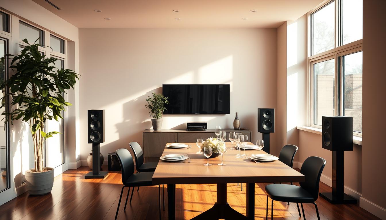 A well-lit and inviting dining room with a modern audio setup. A sleek, wall-mounted soundbar takes center stage, flanked by a pair of bookshelf speakers on elegant stands. The room is bathed in soft, warm lighting, creating a cozy, intimate atmosphere. The table is set for a casual dinner, with place settings and a stylish centerpiece, complementing the refined yet functional audio equipment. Large windows allow natural light to filter in, casting a gentle glow on the polished hardwood floors and lush, potted plants that add a touch of greenery to the space. The overall scene exudes a harmonious blend of design, technology, and comfort, setting the stage for an immersive audio experience within the dining area.