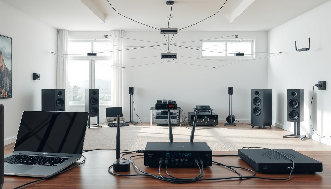 A well-lit and spacious room layout, showcasing a thoughtfully planned network infrastructure. The foreground features a modern desk setup with sleek cable management, a laptop, and a router. In the middle ground, various audio components like speakers, amplifiers, and streaming devices are neatly arranged, connected by a web of ethernet and HDMI cables. The background reveals a room with clean, minimalist decor, large windows allowing natural light to flood the space, and strategically placed network switches and access points ensuring seamless connectivity throughout the room. The overall atmosphere conveys a sense of efficiency, organization, and a focus on creating an immersive, high-quality audio experience.