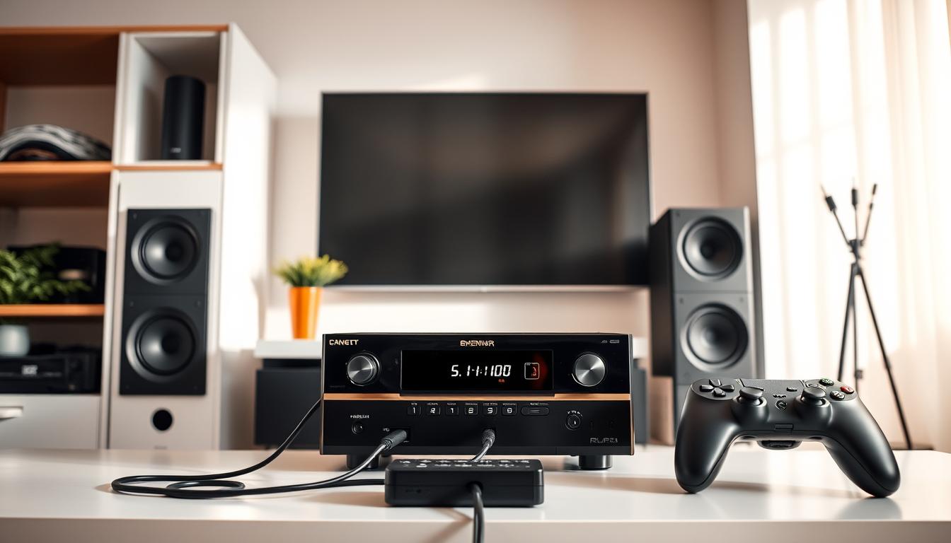 A well-lit, clean, and organized home entertainment setup showcasing an optimal HDMI connection between an AV receiver and a gaming console. The receiver stands prominently in the middle, surrounded by modern, minimalist equipment and decor. The console is connected to the receiver via high-quality HDMI cables, ensuring a seamless, lag-free gaming experience. The lighting is bright yet warm, highlighting the sleek, high-tech components. The camera angle captures the setup from a slightly elevated perspective, emphasizing the harmony and efficiency of the layout. The overall atmosphere conveys a sense of technology, functionality, and attention to detail. A well-lit, clean, and organized home entertainment setup showcasing an optimal HDMI connection between an AV receiver and a gaming console. The receiver stands prominently in the middle, surrounded by modern, minimalist equipment and decor. The console is connected to the receiver via high-quality HDMI cables, ensuring a seamless, lag-free gaming experience. The lighting is bright yet warm, highlighting the sleek, high-tech components. The camera angle captures the setup from a slightly elevated perspective, emphasizing the harmony and efficiency of the layout. The overall atmosphere conveys a sense of technology, functionality, and attention to detail.