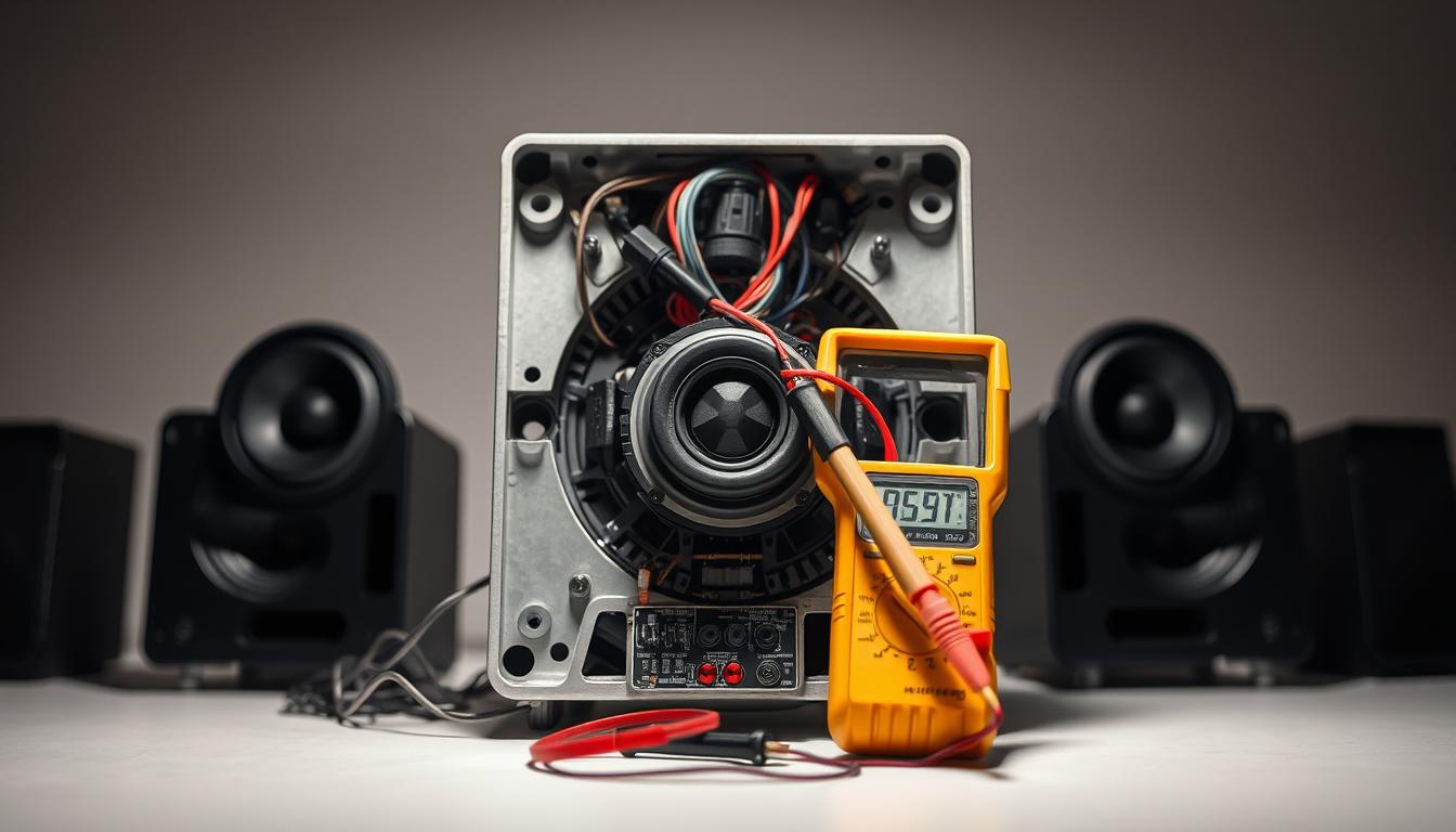 A well-lit, close-up view of a disassembled speaker system, exposing its inner workings. The focus is on the speaker wires, with a multimeter probing the connections, showcasing the process of troubleshooting. The background features a clean, neutral workspace, providing a professional and technical atmosphere. The lighting is directional, creating defined shadows and highlights that accentuate the intricate details of the speaker components. The overall mood conveys a sense of problem-solving and hands-on diagnostic work.