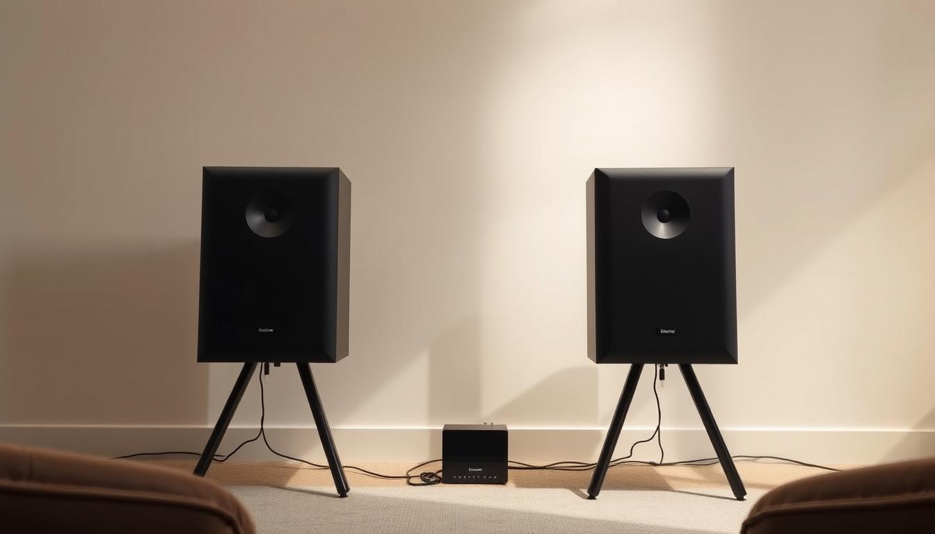 A well-lit, contemporary home theater setup showcasing a sleek wireless rear speaker system. The speakers are placed strategically on stands against a minimalist, off-white wall, casting a soft, diffused glow. The speakers have a modern, unobtrusive design with clean lines and a matte black finish, seamlessly blending into the room's decor. The cable connections are hidden neatly, creating a clutter-free, streamlined appearance. Soft, directional lighting illuminates the setup, highlighting the speakers' elegant form and the room's overall sophisticated ambiance. The scene conveys a sense of effortless integration and high-quality audio immersion within a stylish, living room environment. A well-lit, contemporary home theater setup showcasing a sleek wireless rear speaker system. The speakers are placed strategically on stands against a minimalist, off-white wall, casting a soft, diffused glow. The speakers have a modern, unobtrusive design with clean lines and a matte black finish, seamlessly blending into the room's decor. The cable connections are hidden neatly, creating a clutter-free, streamlined appearance. Soft, directional lighting illuminates the setup, highlighting the speakers' elegant form and the room's overall sophisticated ambiance. The scene conveys a sense of effortless integration and high-quality audio immersion within a stylish, living room environment.