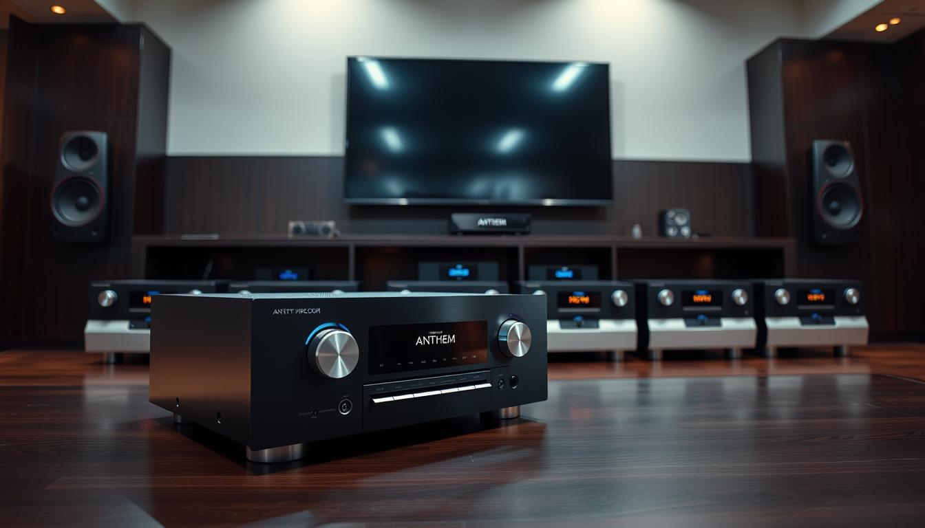 A well-lit, high-end home theater showcasing a sleek lineup of Anthem receivers. In the foreground, a modern, minimalist black receiver with silver accents stands prominently, its LED display and control knobs visible. Behind it, additional matching Anthem receiver models are arranged neatly, creating a visually appealing and symmetrical composition. The receivers are placed on a dark, wooden media cabinet, with a large, flat-screen TV mounted on the wall above. Subtle ambient lighting casts a warm glow, highlighting the receivers' premium build quality and attention to detail. The overall scene conveys a sense of sophisticated, cinema-quality audio performance tailored for the discerning home theater enthusiast.