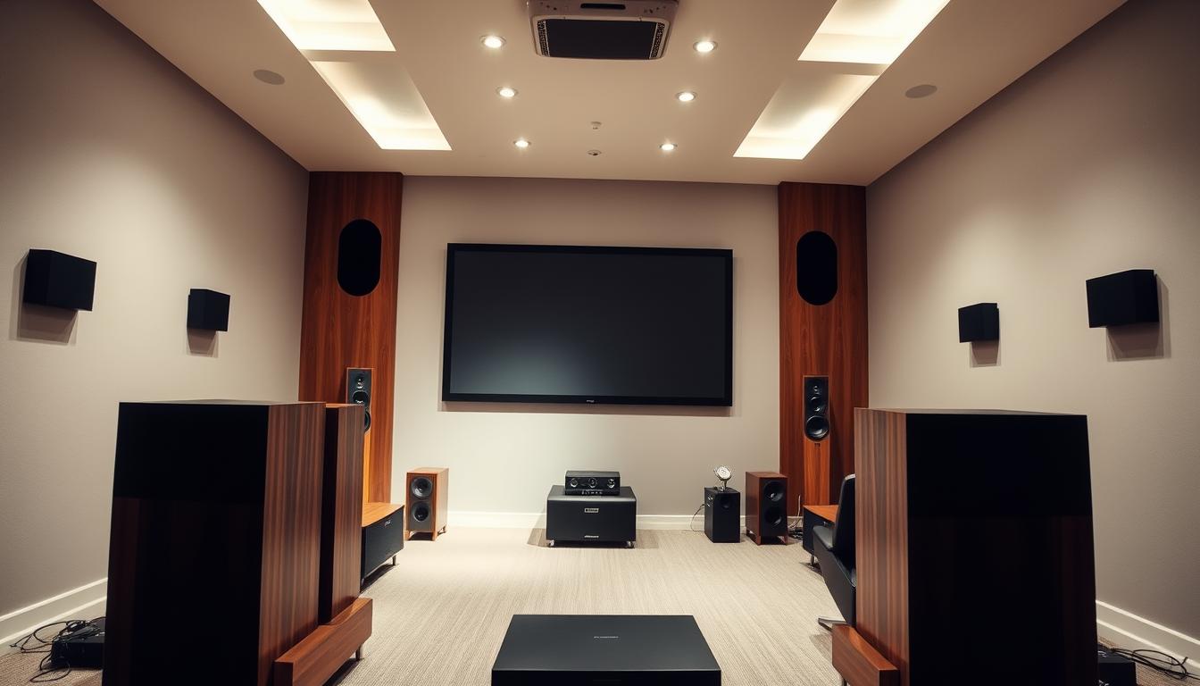 A well-lit, high-fidelity home theater setup with a central screen and a symmetrical arrangement of speakers. In the foreground, a subwoofer and front left/right speakers sit on stylish wooden stands, positioned at optimal angles. In the middle ground, surround speakers are mounted on the side walls, angled towards the seating area. The rear speakers are discreetly placed on the back wall, creating a seamless 360-degree soundstage. Overhead, sleek, recessed lighting fixtures illuminate the space, setting a warm, cinematic atmosphere. The room features clean, modern decor with minimalist furnishings, allowing the audio equipment to take center stage.