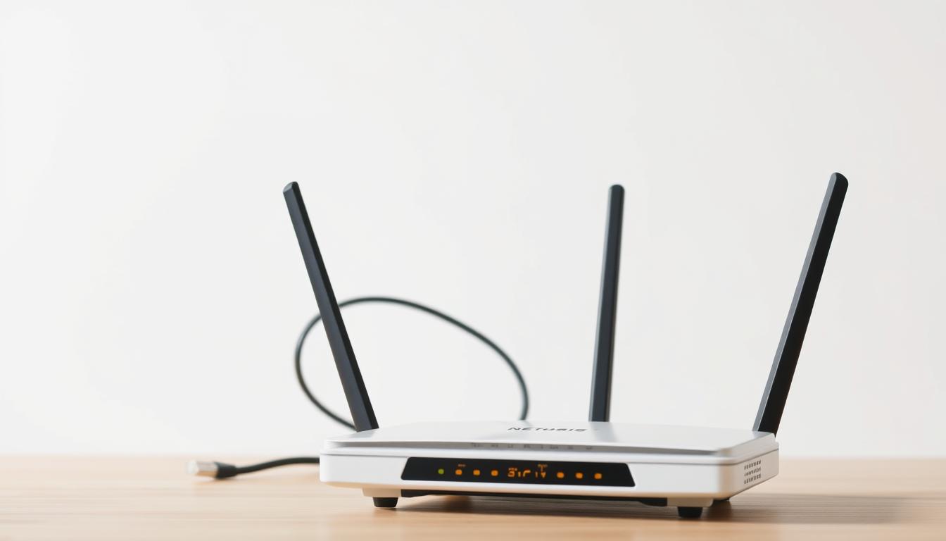 A well-lit, high-resolution comparison of a wireless router and an Ethernet cable against a neutral background. The wireless router is prominently displayed in the foreground, its antennas extending outward, conveying a sense of signal transmission. In the middle ground, an Ethernet cable winds its way, emphasizing the physical connection. The background features a minimalist, clean design, allowing the technical elements to take center stage. The lighting is soft and diffused, creating a professional, informative atmosphere. The camera angle is slightly elevated, providing an overview of the scene and highlighting the contrast between the wireless and wired setups. The overall impression should be one of a clear, analytical comparison of the two connectivity options.