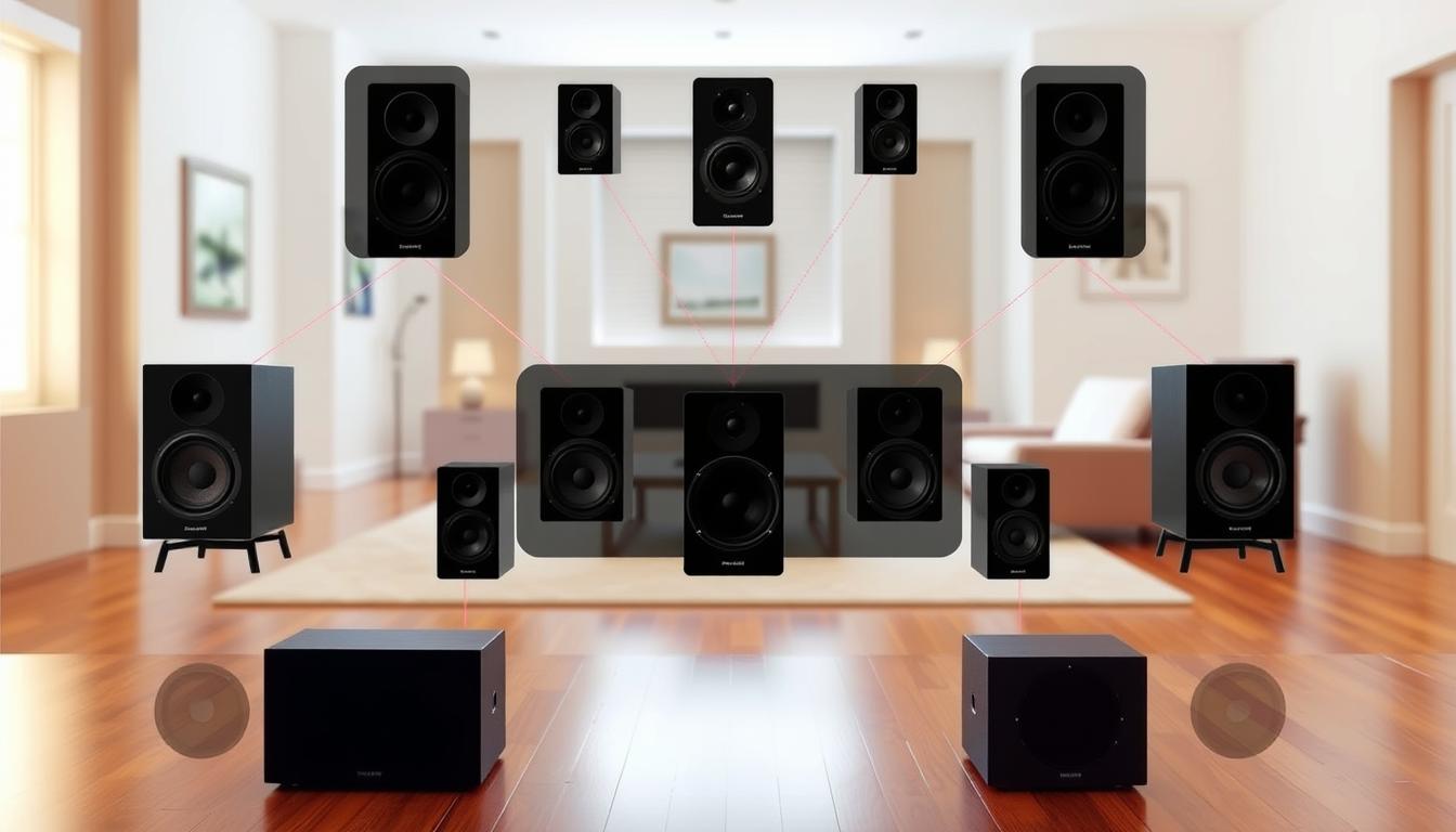 A well-lit, high-resolution diagram showcasing the optimal speaker placement for a multi-room audio setup. In the foreground, several stylized speaker icons in various sizes and shapes are arranged to depict the recommended positions - front, side, and overhead. The middle ground features a clean, minimalist room layout with hardwood floors, neutral walls, and simple furniture, allowing the speaker arrangement to take center stage. The background subtly blurs into a soft, warm gradient, maintaining focus on the technical details. The overall mood is informative, visually striking, and designed to clearly illustrate the principles of crafting an immersive, whole-home audio experience.