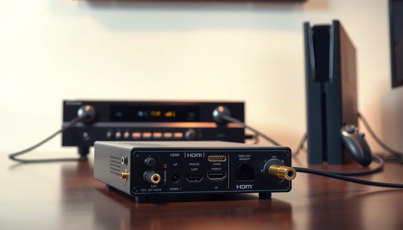 A well-lit, high-resolution image of an HDMI audio extractor setup. In the foreground, the extractor device is prominently displayed, showcasing its sleek, modern design and a variety of input and output ports. In the middle ground, the device is connected to an AV receiver and a gaming console via HDMI cables, illustrating the advanced setup options. The background features a minimalist, clean environment, emphasizing the technical nature of the scene. The lighting is warm and diffused, creating a professional and functional atmosphere. The camera angle is slightly elevated, providing a clear and comprehensive view of the entire setup. A well-lit, high-resolution image of an HDMI audio extractor setup. In the foreground, the extractor device is prominently displayed, showcasing its sleek, modern design and a variety of input and output ports. In the middle ground, the device is connected to an AV receiver and a gaming console via HDMI cables, illustrating the advanced setup options. The background features a minimalist, clean environment, emphasizing the technical nature of the scene. The lighting is warm and diffused, creating a professional and functional atmosphere. The camera angle is slightly elevated, providing a clear and comprehensive view of the entire setup.