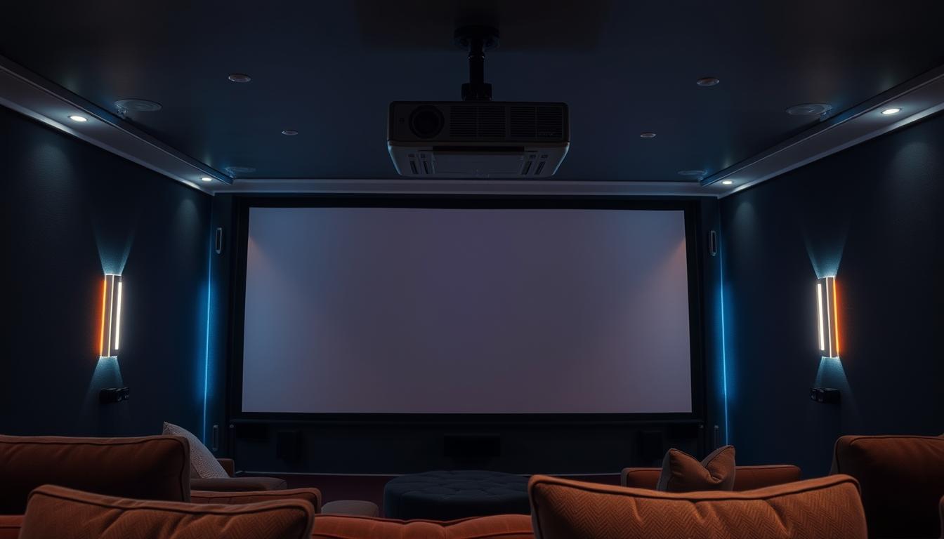 A well-lit home theater setup with a large, high-quality projector screen dominating the center of the frame. The projector, sleek and modern, is mounted on the ceiling, casting a crisp, high-definition image. Plush, comfortable seating in a dark, cozy room creates an immersive cinematic experience. Subtle ambient lighting accentuates the screen, while discreet speakers are seamlessly integrated into the space. The overall atmosphere evokes a sense of private luxury, making the small room feel like a private cinema.