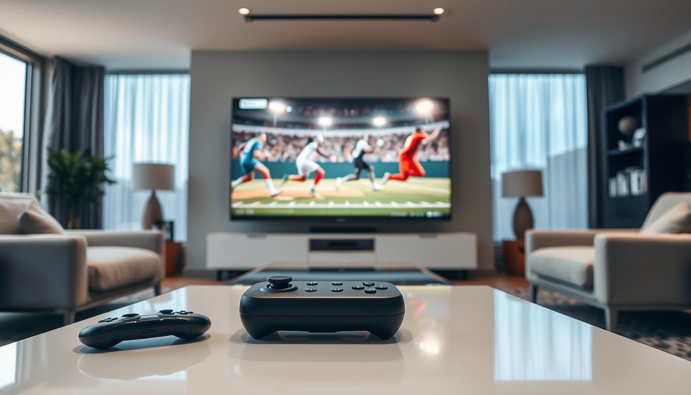 A well-lit living room setting with a large flat-screen TV at the center. The TV screen displays a sports broadcast with athletes in motion, conveying the dynamism of the content. In the foreground, a remote control and a gaming controller are placed on a sleek, minimalist coffee table, hinting at the user's ability to customize the TV settings. The middle ground features a comfortable sofa and armchair, creating an inviting atmosphere for an optimal viewing experience. The background showcases a modern, stylish interior design with large windows, allowing natural light to flood the space and contribute to the overall cinematic ambiance.