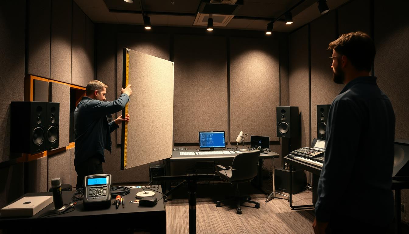 A well-lit, meticulously detailed recording studio. In the foreground, an acoustic panel is being carefully measured and adjusted, its precise placement crucial for optimal sound absorption. The middle ground showcases various tools and instruments used for acoustic analysis, including a decibel meter and microphone. In the background, a mixing console, speakers, and other studio equipment create a professional, technical atmosphere. Soft, directional lighting casts subtle shadows, emphasizing the thoughtful, scientific nature of the acoustic panel testing process. The scene conveys a sense of focused experimentation, as the experts work to refine the room's acoustics for the best possible sound quality. A well-lit, meticulously detailed recording studio. In the foreground, an acoustic panel is being carefully measured and adjusted, its precise placement crucial for optimal sound absorption. The middle ground showcases various tools and instruments used for acoustic analysis, including a decibel meter and microphone. In the background, a mixing console, speakers, and other studio equipment create a professional, technical atmosphere. Soft, directional lighting casts subtle shadows, emphasizing the thoughtful, scientific nature of the acoustic panel testing process. The scene conveys a sense of focused experimentation, as the experts work to refine the room's acoustics for the best possible sound quality.