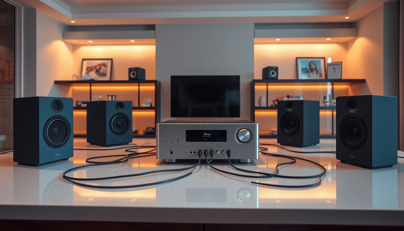 A well-lit, modern home entertainment setup, featuring a central audio control unit surrounded by strategically placed speakers in various rooms. The speakers are connected through sleek, minimalist cables, creating a visually harmonious, synchronized audio system. The lighting is warm and inviting, with subtle reflections on the glossy surfaces. The layout emphasizes the seamless integration of technology and interior design, highlighting the importance of avoiding audio delay in a multi-room setup. The overall atmosphere conveys a sense of control, efficiency, and a stylish, technology-forward aesthetic.