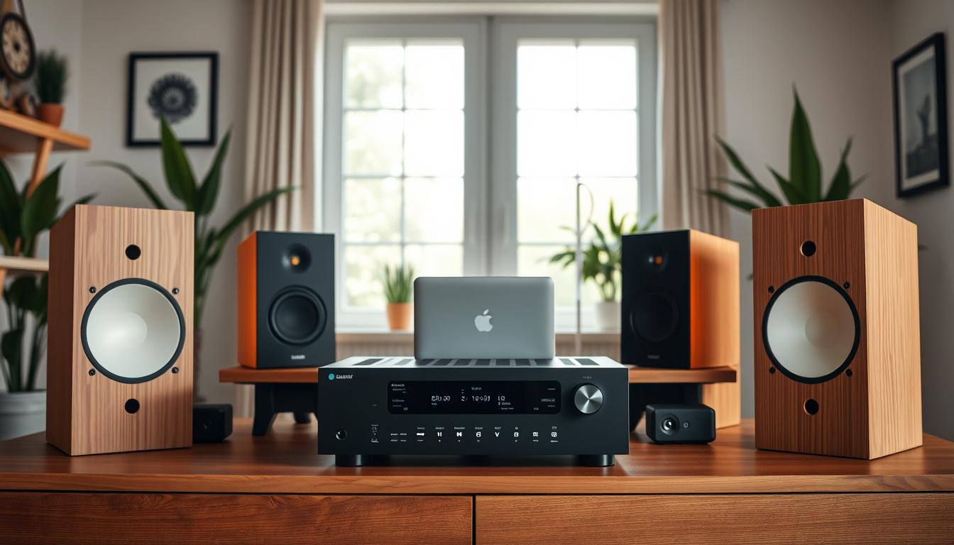 A well-lit, modern home studio setup showcasing a high-quality Wi-Fi audio system. In the foreground, a sleek, minimalist audio receiver or amplifier sits atop a wooden media console, flanked by a pair of bookshelf speakers with clean, angular designs. Subtle LED accent lighting illuminates the setup, creating a warm, inviting atmosphere. In the middle ground, a laptop or tablet is positioned, indicating the wireless control and streaming capabilities of the system. The background features large windows allowing natural light to flood the space, complemented by tasteful wall decor and potted plants, conveying a sense of domestic tranquility. The overall scene demonstrates the seamless integration of high-fidelity audio and wireless technology within a stylish, contemporary home environment.