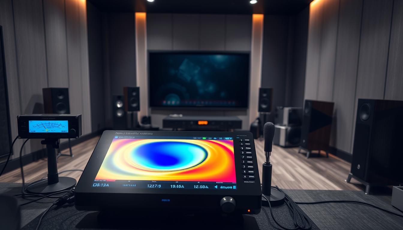 A well-lit, modern home theater room with an array of audio equipment and sensors. In the foreground, a sophisticated room acoustics analyzer displays a 3D visualization of sound wave propagation, color-coded to indicate problem areas. Midground showcases a professional-grade sound level meter and a calibrated microphone setup. The background features sleek, minimalist audio components, including an AV receiver, subwoofer, and speakers, all arranged in an optimal surround sound configuration. The overall scene conveys a sense of precision, technology, and the importance of carefully optimizing a home theater's acoustic environment.