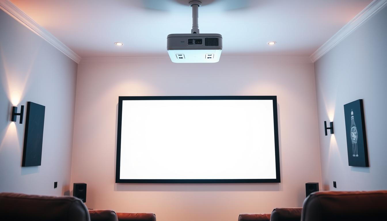 A well-lit, modern projector screen setup in a cozy home theater environment. The screen is mounted flush against a clean, white wall, casting a bright, high-definition image. Sleek, black speakers flank the screen, blending seamlessly into the scene. Overhead, a powerful yet discreet projector is suspended from the ceiling, its lens angled perfectly to fill the screen. Subtle, ambient lighting from sconces on the side walls creates a warm, cinematic atmosphere, while plush, theater-style seating invites viewers to immerse themselves in the experience. The overall setup conveys a sense of premium quality and attention to detail, elevating the small space into an exceptional private cinema.