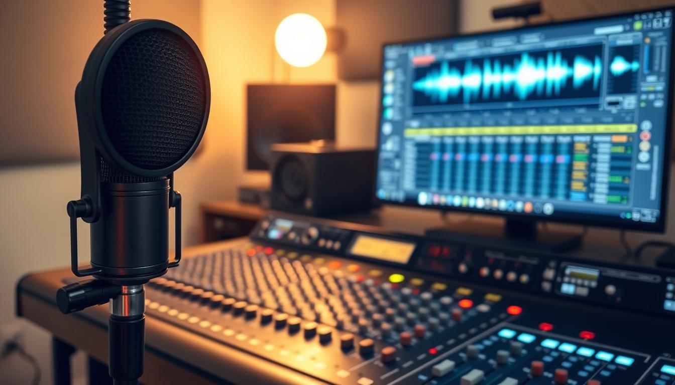 A well-lit, professional audio workstation with a high-quality microphone, mixing console, and audio interface. The foreground showcases the microphone and its accompanying pop filter, conveying a focus on vocal clarity. The middle ground features the mixing console with its various knobs and sliders, hinting at the nuanced audio adjustments needed. In the background, a computer monitor displays audio visualization software, emphasizing the importance of analyzing the audio signal. The overall scene exudes a sense of technical precision and attention to detail, setting the stage for the process of optimizing dialogue clarity. A well-lit, professional audio workstation with a high-quality microphone, mixing console, and audio interface. The foreground showcases the microphone and its accompanying pop filter, conveying a focus on vocal clarity. The middle ground features the mixing console with its various knobs and sliders, hinting at the nuanced audio adjustments needed. In the background, a computer monitor displays audio visualization software, emphasizing the importance of analyzing the audio signal. The overall scene exudes a sense of technical precision and attention to detail, setting the stage for the process of optimizing dialogue clarity.