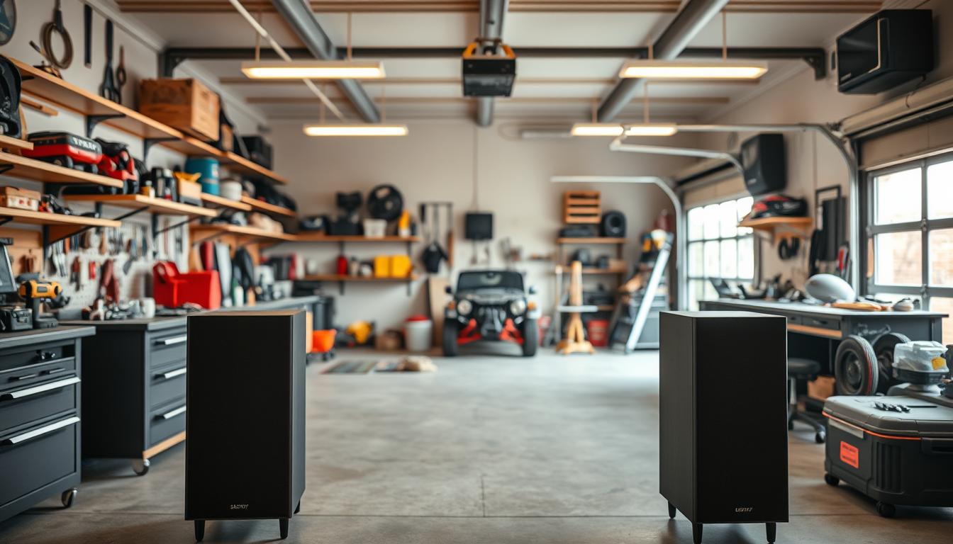 A well-lit, spacious garage workshop with an assortment of power tools, workbenches, and shelves. In the foreground, a set of wireless multi-room speakers stand prominently, their sleek, modern design blending seamlessly with the utilitarian aesthetic. The speakers are placed strategically, ensuring even sound coverage throughout the workshop. The middle ground features various DIY projects and automotive parts, hinting at the versatile nature of the space. Soft, diffused lighting from overhead fixtures creates a warm, focused atmosphere, perfect for productivity and audio immersion. The background showcases the garage door, partially open, allowing natural light to spill in and a glimpse of the outdoors beyond.