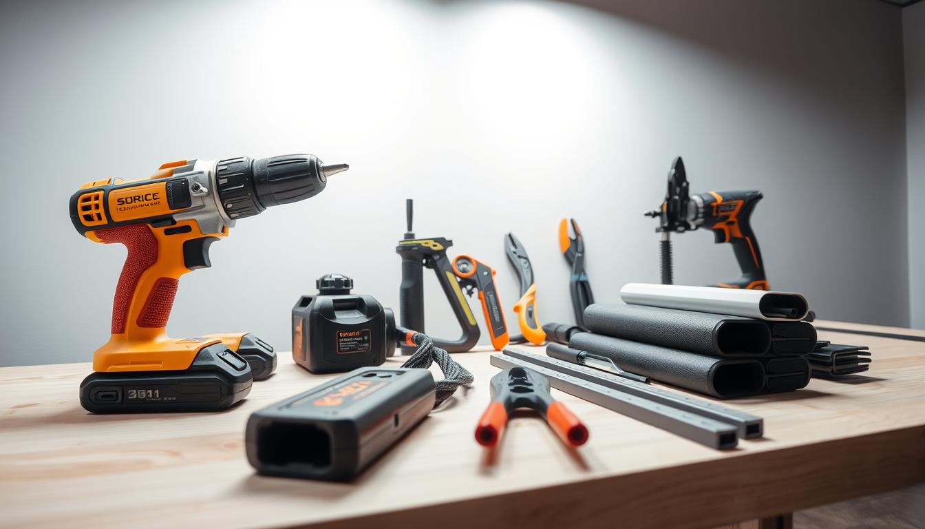 A well-lit studio setting showcasing an assortment of specialized audio installation tools, including a cordless drill with various bits, a stud finder, a drywall saw, wire strippers, and cable raceways. The tools are arranged neatly on a clean, wooden workbench, illuminated by a combination of natural and diffused studio lighting, creating a professional, organized atmosphere. The focus is on the tools' functionality and versatility, conveying the idea of a seamless, no-cut audio installation process.