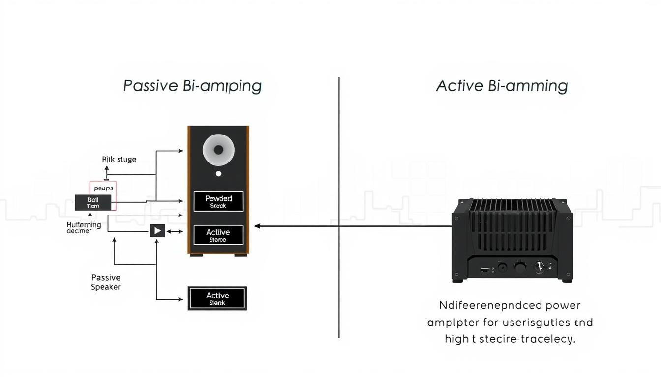 A well-lit, technical diagram showcasing the key differences between passive and active bi-amping configurations. In the foreground, a detailed schematic illustrates the signal flow and component arrangement for passive bi-amping, with speakers and amplifiers clearly labeled. In the middle ground, an active bi-amping setup is depicted, highlighting the use of independent power amplifiers for low and high frequencies. The background features a subtle grid or wireframe motif, lending an engineering-inspired aesthetic. The overall tone is informative and precise, with clean lines, neutral colors, and a focus on functional clarity to support the instructional nature of the article. A well-lit, technical diagram showcasing the key differences between passive and active bi-amping configurations. In the foreground, a detailed schematic illustrates the signal flow and component arrangement for passive bi-amping, with speakers and amplifiers clearly labeled. In the middle ground, an active bi-amping setup is depicted, highlighting the use of independent power amplifiers for low and high frequencies. The background features a subtle grid or wireframe motif, lending an engineering-inspired aesthetic. The overall tone is informative and precise, with clean lines, neutral colors, and a focus on functional clarity to support the instructional nature of the article.