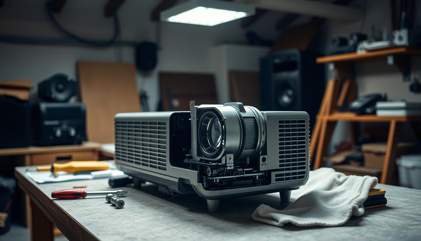A well-lit workshop interior with a home theater projector disassembled on a workbench. The projector's lamp housing is open, revealing the inner components. Maintenance tools, such as screwdrivers and a clean cloth, are arranged nearby. Soft, directional lighting illuminates the scene, casting subtle shadows and highlighting the intricate details of the projector's mechanics. The overall atmosphere conveys a sense of focused troubleshooting and repair, with a calm and professional demeanor.