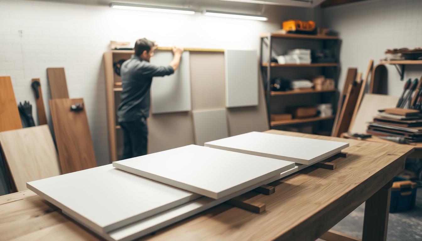 A well-lit workshop scene with a wooden workbench in the foreground. On the workbench, a set of acoustic panels are neatly arranged, showcasing their clean, minimalist design. In the middle ground, a person is carefully measuring and marking the wall, planning the panel placement. The background features shelves with various tools and materials, creating a sense of a dedicated workspace for sound treatment. Soft, directional lighting illuminates the scene, highlighting the textures of the panels and creating subtle shadows that convey depth and dimensionality. The overall atmosphere is one of focused, methodical preparation for the task of properly mounting the acoustic panels. A well-lit workshop scene with a wooden workbench in the foreground. On the workbench, a set of acoustic panels are neatly arranged, showcasing their clean, minimalist design. In the middle ground, a person is carefully measuring and marking the wall, planning the panel placement. The background features shelves with various tools and materials, creating a sense of a dedicated workspace for sound treatment. Soft, directional lighting illuminates the scene, highlighting the textures of the panels and creating subtle shadows that convey depth and dimensionality. The overall atmosphere is one of focused, methodical preparation for the task of properly mounting the acoustic panels.