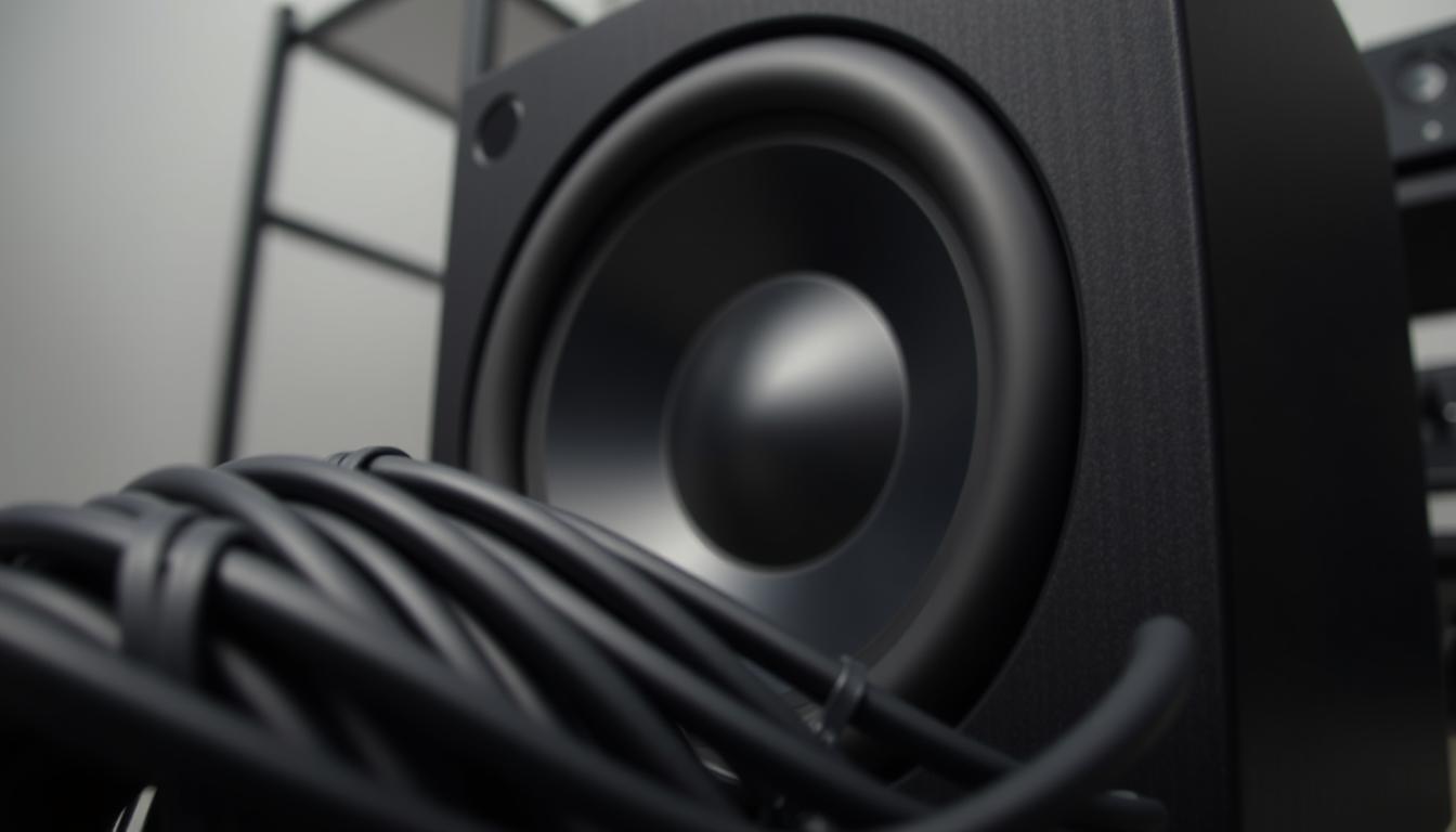 A well-organized, close-up view of a subwoofer's cable management system. The foreground showcases a tidy bundle of thick, high-quality speaker cables neatly routed and secured with cable ties, creating a clean and efficient layout. The middle ground features the subwoofer unit itself, its sleek black casing contrasting with the orderly cables. In the background, a minimalist, uncluttered environment, perhaps a home theater setup or audio equipment rack, reinforces the sense of organization and attention to detail. Soft, directional lighting accentuates the textures and shapes, while a shallow depth of field draws the viewer's focus to the central cable management solution. The overall mood is one of professionalism, functionality, and a commitment to optimal audio performance. A well-organized, close-up view of a subwoofer's cable management system. The foreground showcases a tidy bundle of thick, high-quality speaker cables neatly routed and secured with cable ties, creating a clean and efficient layout. The middle ground features the subwoofer unit itself, its sleek black casing contrasting with the orderly cables. In the background, a minimalist, uncluttered environment, perhaps a home theater setup or audio equipment rack, reinforces the sense of organization and attention to detail. Soft, directional lighting accentuates the textures and shapes, while a shallow depth of field draws the viewer's focus to the central cable management solution. The overall mood is one of professionalism, functionality, and a commitment to optimal audio performance.