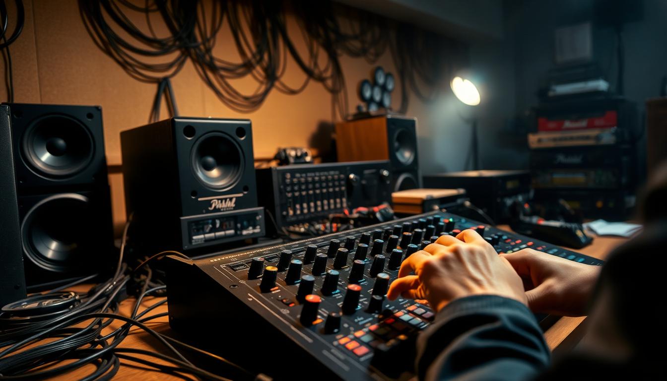 A workshop bench with various audio equipment, including a mixing console, speakers, and cables. The scene is illuminated by a warm, focused light, casting dramatic shadows and highlighting the intricate details of the gear. In the foreground, a technician's hands carefully adjusting the dials and knobs on the mixing console, calibrating the crossover frequencies for seamless audio transitions. The background is hazy, with a sense of technical focus and precision, conveying the importance of this manual setup and calibration process. A workshop bench with various audio equipment, including a mixing console, speakers, and cables. The scene is illuminated by a warm, focused light, casting dramatic shadows and highlighting the intricate details of the gear. In the foreground, a technician's hands carefully adjusting the dials and knobs on the mixing console, calibrating the crossover frequencies for seamless audio transitions. The background is hazy, with a sense of technical focus and precision, conveying the importance of this manual setup and calibration process.
