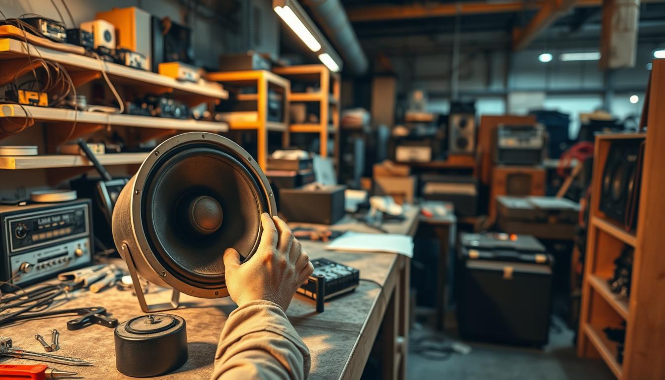 A workshop with a cluttered workbench, vintage audio equipment and tools scattered across the surface. Warm, directional lighting illuminates the scene, casting long shadows and creating a sense of depth. In the foreground, a technician's hands carefully disassemble a retro-style speaker, examining its inner components. In the middle ground, shelves line the walls, holding an array of audio components, cables, and replacement parts. The background fades into a blurred industrial setting, hinting at the scope of the workspace. The overall atmosphere conveys a sense of meticulous care and expertise required for maintaining and servicing retrofit audio systems.