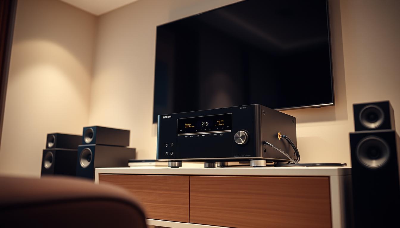 An expertly crafted Anthem AV receiver setup, showcased in a well-lit, minimalist home theater. The receiver prominently displayed on a sleek, modern media console, surrounded by high-end audio equipment and elegant decor. Carefully arranged cables and connections, optimized for seamless integration and maximum performance. Soft, directional lighting illuminates the scene, creating a warm, inviting atmosphere. The room's neutral color palette and clean lines emphasize the receiver's premium design. Vignetting and depth of field draw the viewer's eye to the central equipment, highlighting its importance in the home entertainment setup.