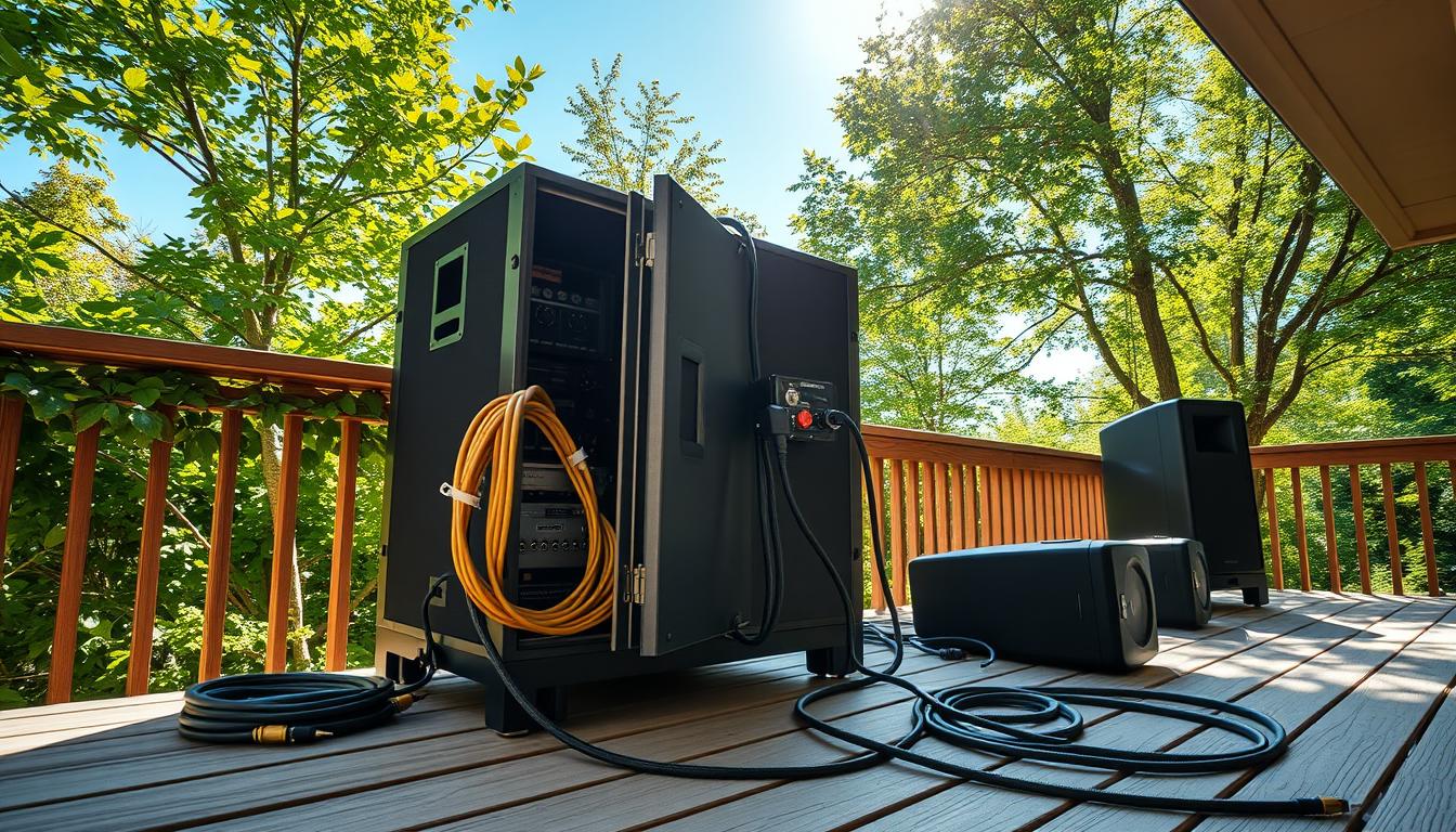 An outdoor audio power setup with a weatherproof equipment cabinet, heavy-duty extension cords, and a robust power distribution unit. The cabinet is positioned on a wooden deck, surrounded by lush greenery and a clear blue sky. Sunlight filters through the leaves, casting a warm, natural glow on the setup. The power cables snake across the deck, leading to strategically placed outdoor speakers. The scene conveys a sense of functional, yet visually appealing, integration of technology within a serene outdoor environment.
