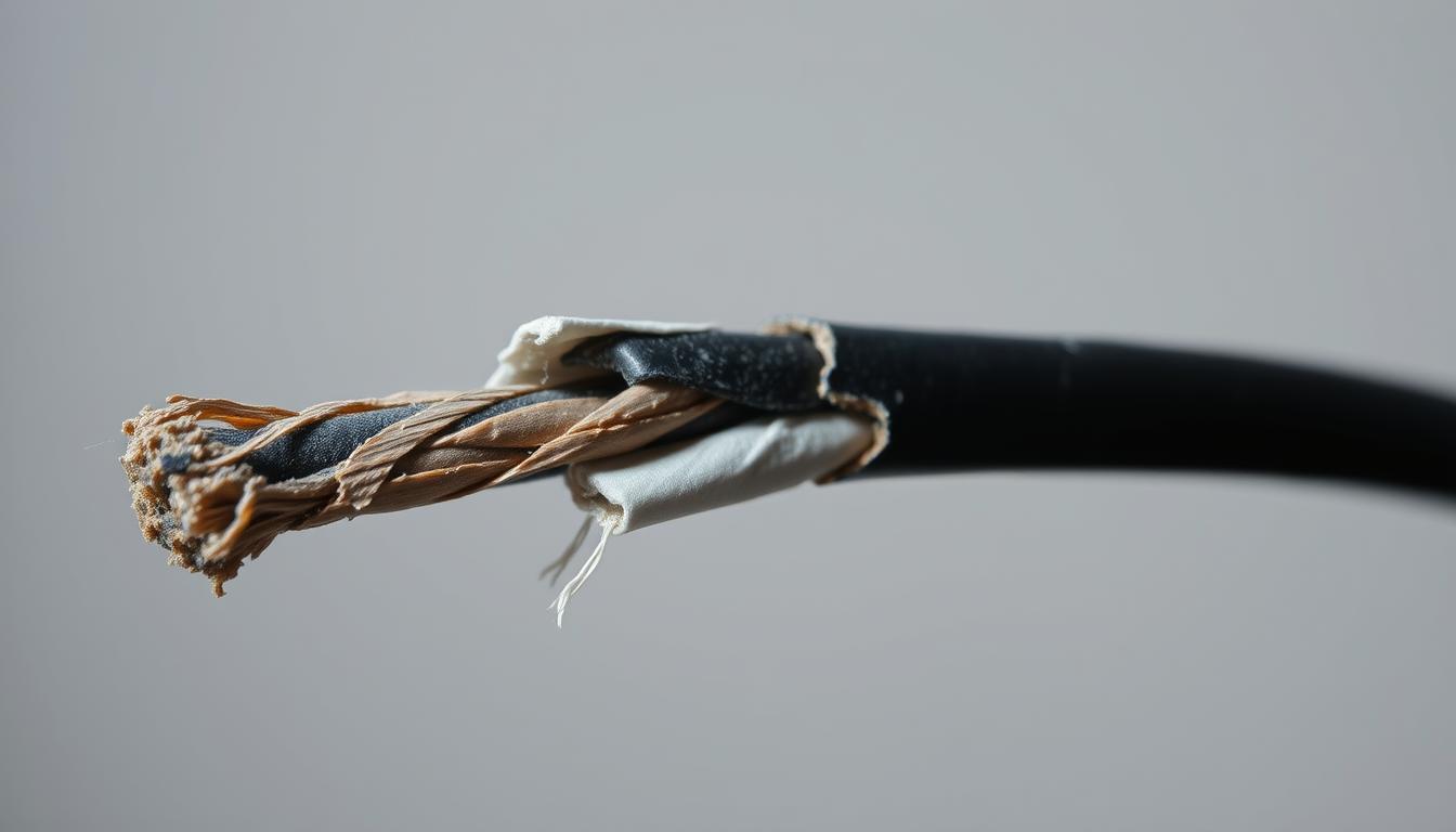 Close-up shot of damaged speaker wire with frayed, discolored, and cracked sections, showcased against a plain, muted background with soft, even lighting to highlight the intricate textures and imperfections. Captured at a slight angle to provide depth and emphasize the wear and tear on the wire's surface, creating a visually compelling and educational illustration of common speaker wire issues.