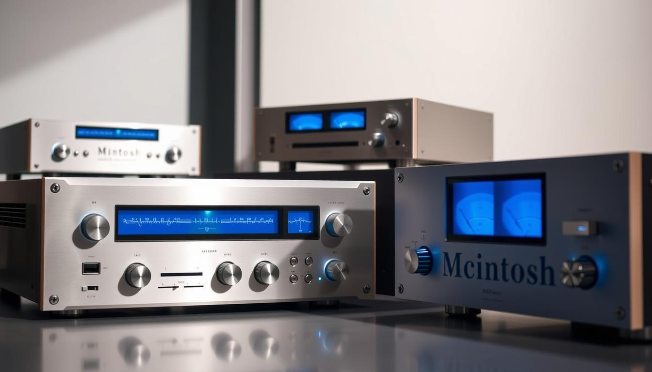 Detailed close-up of a collection of iconic McIntosh receiver models from the 1980s, arranged in a sleek, well-lit studio setting. Prominent display of brushed aluminum faceplates, analog tuning dials, and distinctive McIntosh blue power meters. Subtle shadows and reflections create depth, while a muted, elegant color palette evokes the timeless design of these vintage audio components. The arrangement highlights the evolution of the brand's receiver lineup during a pivotal decade, conveying the technical prowess and enduring appeal of these sought-after audio pieces. Detailed close-up of a collection of iconic McIntosh receiver models from the 1980s, arranged in a sleek, well-lit studio setting. Prominent display of brushed aluminum faceplates, analog tuning dials, and distinctive McIntosh blue power meters. Subtle shadows and reflections create depth, while a muted, elegant color palette evokes the timeless design of these vintage audio components. The arrangement highlights the evolution of the brand's receiver lineup during a pivotal decade, conveying the technical prowess and enduring appeal of these sought-after audio pieces.