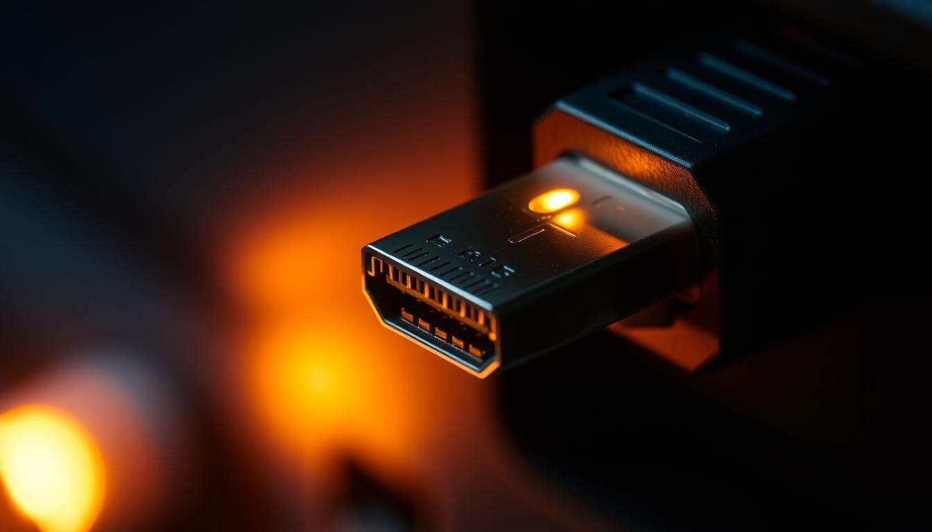 Detailed close-up view of an HDMI cable port, with a glowing, flickering effect emanating from the connection. The port is set against a dimly lit, moody background, creating a sense of technical malfunction or hardware distress. Subtle shadows and highlights accentuate the cable's texture and the port's intricate components. The lighting is dramatic, with a warm, amber-toned glow that casts an ominous atmosphere, hinting at the potential causes of the HDMI flickering issue. The composition emphasizes the problematic HDMI connection, drawing the viewer's attention to the source of the technical problem. Detailed close-up view of an HDMI cable port, with a glowing, flickering effect emanating from the connection. The port is set against a dimly lit, moody background, creating a sense of technical malfunction or hardware distress. Subtle shadows and highlights accentuate the cable's texture and the port's intricate components. The lighting is dramatic, with a warm, amber-toned glow that casts an ominous atmosphere, hinting at the potential causes of the HDMI flickering issue. The composition emphasizes the problematic HDMI connection, drawing the viewer's attention to the source of the technical problem.