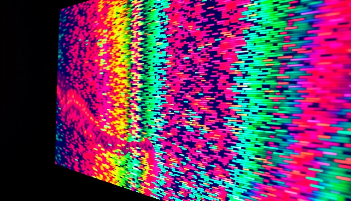 Detailed color distortion analysis of a home theater display. Bright, vibrant hues flickering and shifting across the screen, creating a mesmerizing, almost abstract pattern. Intense, saturated tones of red, green, and blue pulsing and blending, as if the display is malfunctioning. The image captures the technical complexity and visual impact of color distortion, showcasing the need for precise calibration and correction in high-quality home theater setups. Dramatic lighting and a moody, cinematic atmosphere heighten the sense of technical scrutiny and visual exploration.