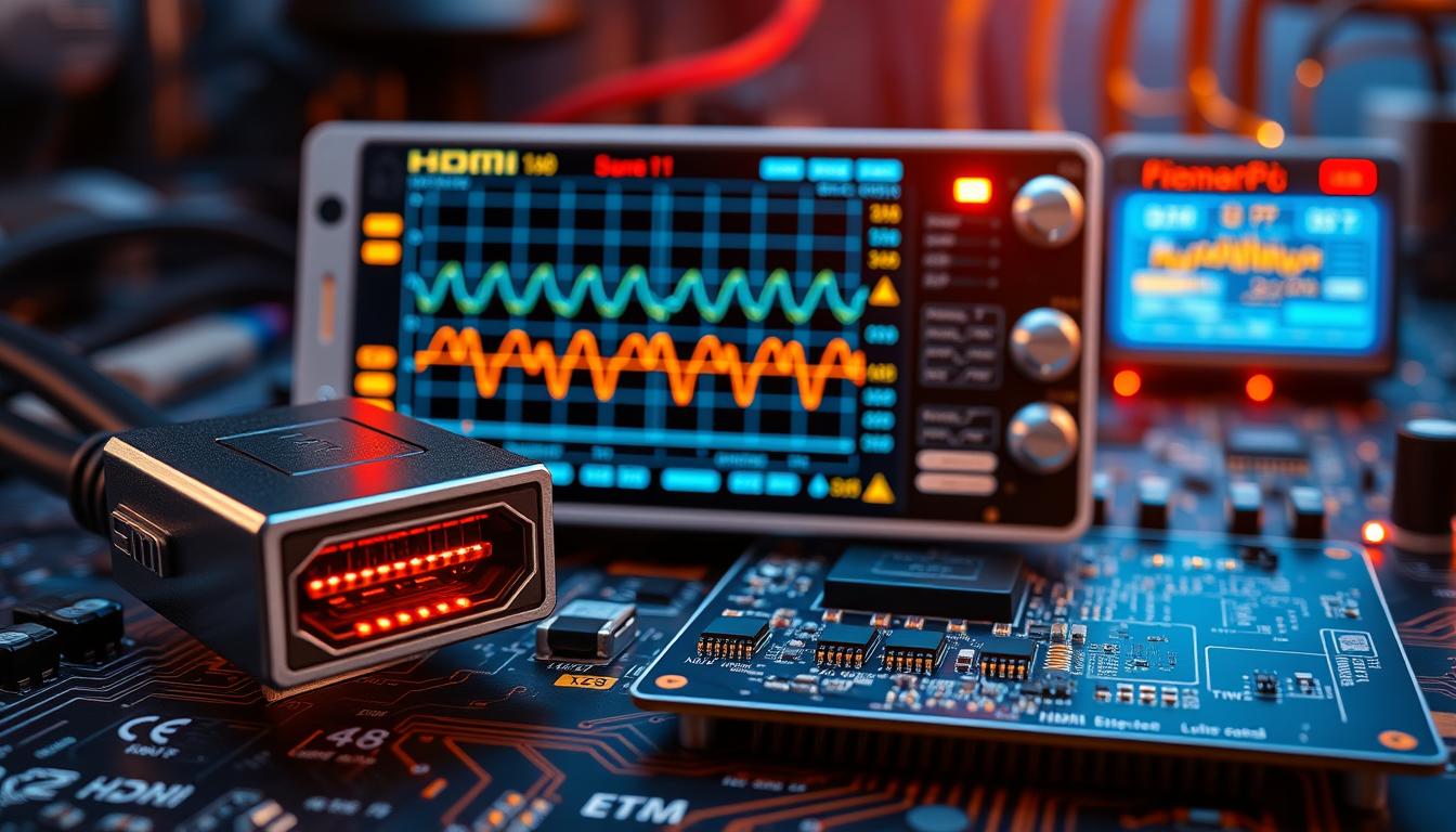 Detailed electronic schematic of an HDMI diagnostic display, showcasing signal analysis and troubleshooting tools. In the foreground, a sleek, modern HDMI cable connector with glowing ports. The middle ground features a digital oscilloscope display, charting HDMI waveforms and providing real-time signal data. In the background, a sophisticated circuit board layout with labeled components, microchips, and diagnostic LEDs. Warm, technical lighting casts a subtle glow, creating a professional, high-tech atmosphere. The image conveys a comprehensive understanding of HDMI signal health and the ability to identify and resolve potential incompatibility issues.