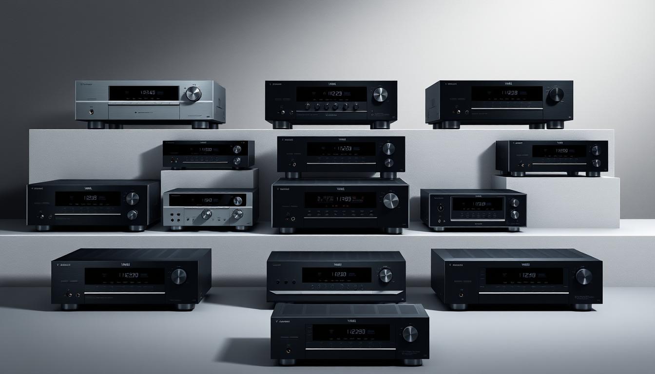 High-angle, wide-shot image of a sleek, modern Yamaha audio receiver lineup arranged in a grid, with various model numbers and design details clearly visible. The receivers are showcased against a minimalist, gray background, with soft, diffused lighting illuminating their brushed metal and glossy black finishes. The image has a clean, technical aesthetic, emphasizing the precision engineering and thoughtful design of Yamaha's receiver products. The overall composition highlights the evolution of Yamaha's receiver models over the years, showcasing their consistent quality and innovation in the home audio market. High-angle, wide-shot image of a sleek, modern Yamaha audio receiver lineup arranged in a grid, with various model numbers and design details clearly visible. The receivers are showcased against a minimalist, gray background, with soft, diffused lighting illuminating their brushed metal and glossy black finishes. The image has a clean, technical aesthetic, emphasizing the precision engineering and thoughtful design of Yamaha's receiver products. The overall composition highlights the evolution of Yamaha's receiver models over the years, showcasing their consistent quality and innovation in the home audio market.