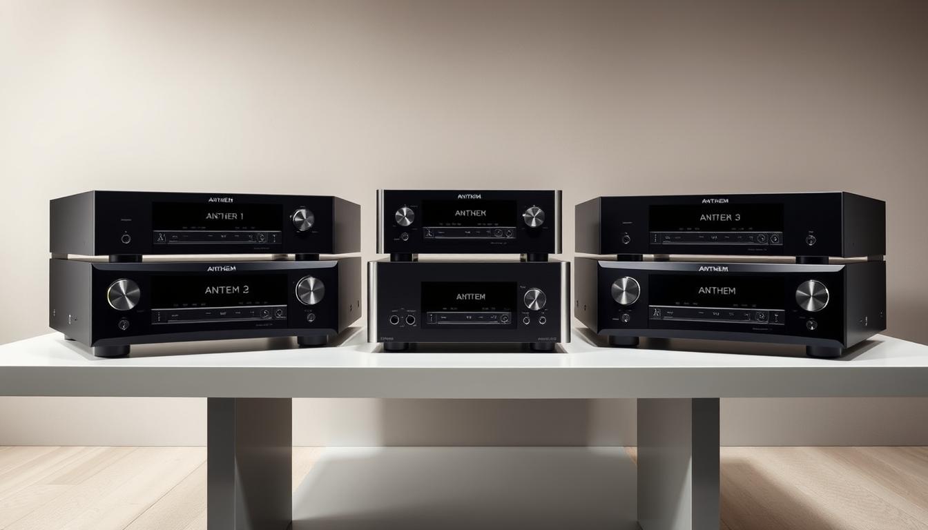 High-end Anthem AV receivers in a modern, well-lit studio setting. The receivers are placed on a clean, minimalist table, showcasing their sleek, premium design. Soft, directional lighting illuminates the front panels, highlighting the intricate controls and displays. The receivers are arranged in a visually appealing, symmetrical layout, allowing the viewer to appreciate their technical features and build quality. The background is a plain, neutral-colored wall, keeping the focus on the products. The overall mood is one of sophistication, showcasing the receivers as premium audio equipment suitable for a discerning home theater setup.