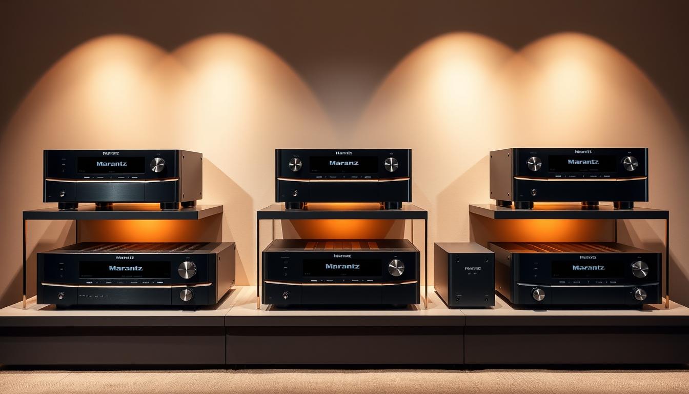 High-end, sleek Marantz AV receivers arranged in a stylish display, showcasing the latest models from 2021 to the present. Illuminated with warm, directional lighting that highlights the receivers' premium aluminum and glass finishes. The receivers are positioned on a modern, minimalist display against a muted, neutral background, creating a clean, sophisticated atmosphere. The arrangement allows for a clear, unobstructed view of the receivers' front panels, showcasing their iconic design details and intuitive control interfaces. The scene conveys a sense of technological advancement and audio excellence, befitting the latest innovations in Marantz's renowned receiver lineup.