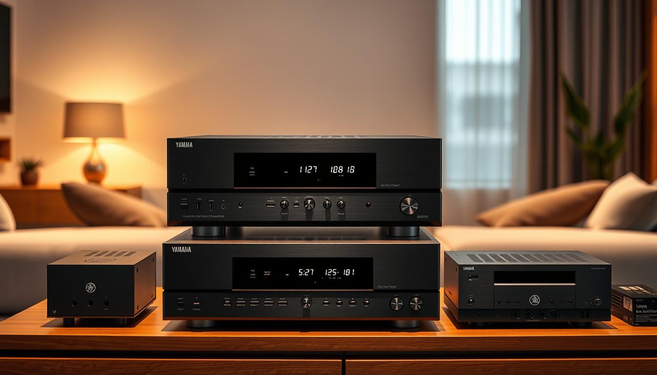 High-quality, realistic image of the latest Yamaha AV receivers from 2022, displayed on a wooden table or shelf in a modern, minimalist living room setting. The receivers are shown from multiple angles, highlighting their sleek, brushed metal design, control panels, and ports. Warm, directional lighting illuminates the devices, creating depth and emphasizing their premium build quality. The background is blurred, placing the focus on the Yamaha receivers as the central subject. The overall mood is one of sophisticated, high-end home entertainment. High-quality, realistic image of the latest Yamaha AV receivers from 2022, displayed on a wooden table or shelf in a modern, minimalist living room setting. The receivers are shown from multiple angles, highlighting their sleek, brushed metal design, control panels, and ports. Warm, directional lighting illuminates the devices, creating depth and emphasizing their premium build quality. The background is blurred, placing the focus on the Yamaha receivers as the central subject. The overall mood is one of sophisticated, high-end home entertainment.