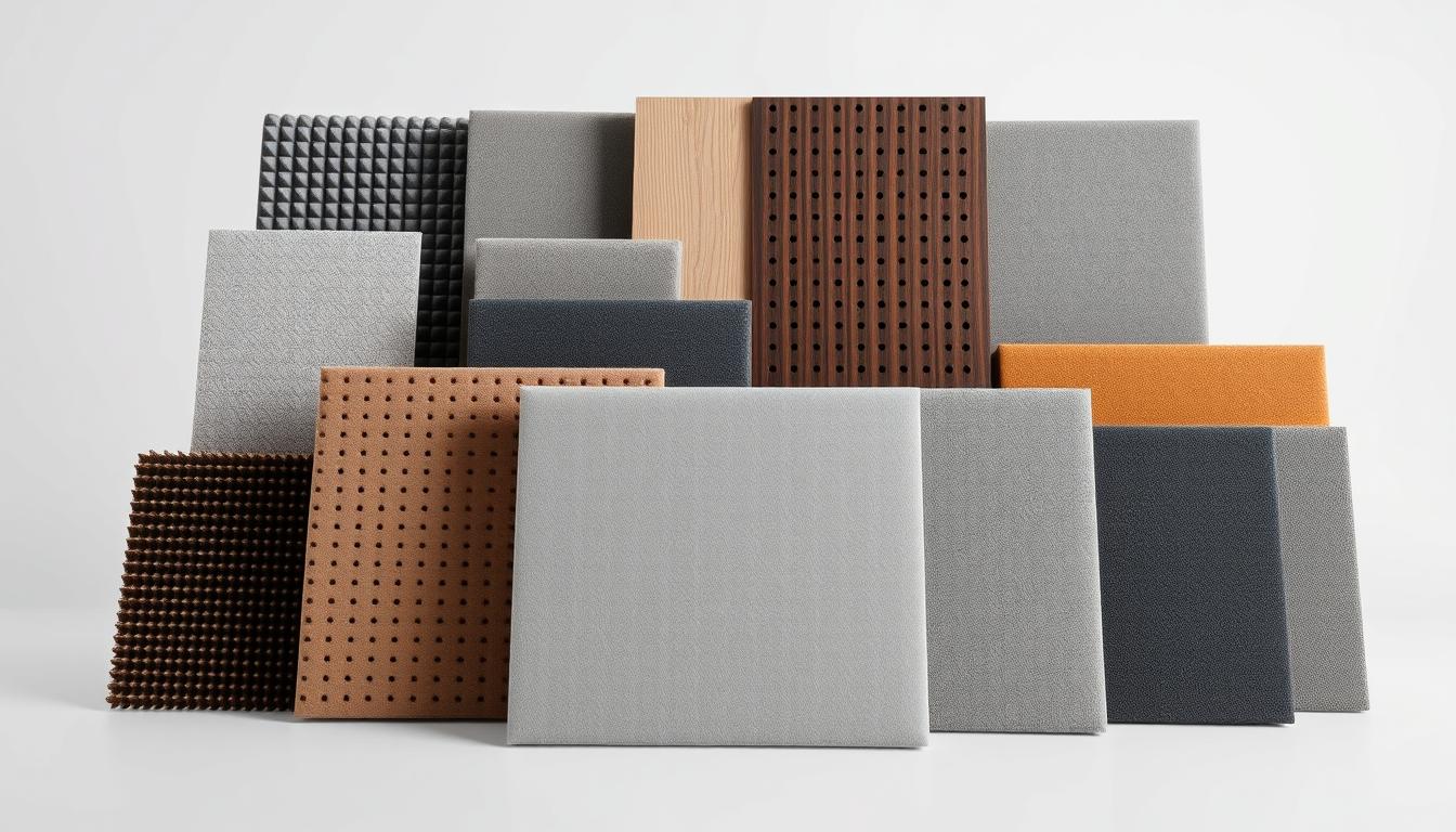 High-resolution close-up photograph of various acoustic panel materials, including dense soundproofing foam, perforated wood panels, and sound-absorbing fabric-covered panels. The materials are arranged in a neat, organized display, showcasing their textures, colors, and acoustic properties. The lighting is soft and diffused, highlighting the details and creating a calm, contemplative atmosphere. The camera angle is slightly elevated, providing a clear and comprehensive view of the acoustic panel materials. The background is a clean, minimalist studio setting, allowing the materials to be the central focus of the image. High-resolution close-up photograph of various acoustic panel materials, including dense soundproofing foam, perforated wood panels, and sound-absorbing fabric-covered panels. The materials are arranged in a neat, organized display, showcasing their textures, colors, and acoustic properties. The lighting is soft and diffused, highlighting the details and creating a calm, contemplative atmosphere. The camera angle is slightly elevated, providing a clear and comprehensive view of the acoustic panel materials. The background is a clean, minimalist studio setting, allowing the materials to be the central focus of the image.