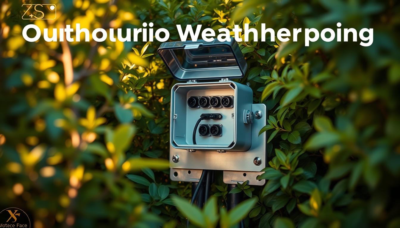 Outdoor audio weatherproofing with a sleek, modern design. A sturdy, weatherproof junction box with multiple cable ports sits atop a solid metal mounting plate, seamlessly integrated into the natural environment. The box features a transparent cover, allowing the internal connections to be visible while protecting them from the elements. Lush, verdant foliage frames the scene, creating a harmonious blend of technology and nature. Soft, warm lighting illuminates the setup, casting a cozy, inviting atmosphere. The camera angle captures the installation at a slight elevation, showcasing its clean, professional appearance. Attention to detail and functionality are paramount, ensuring reliable, weatherproof outdoor audio connectivity.