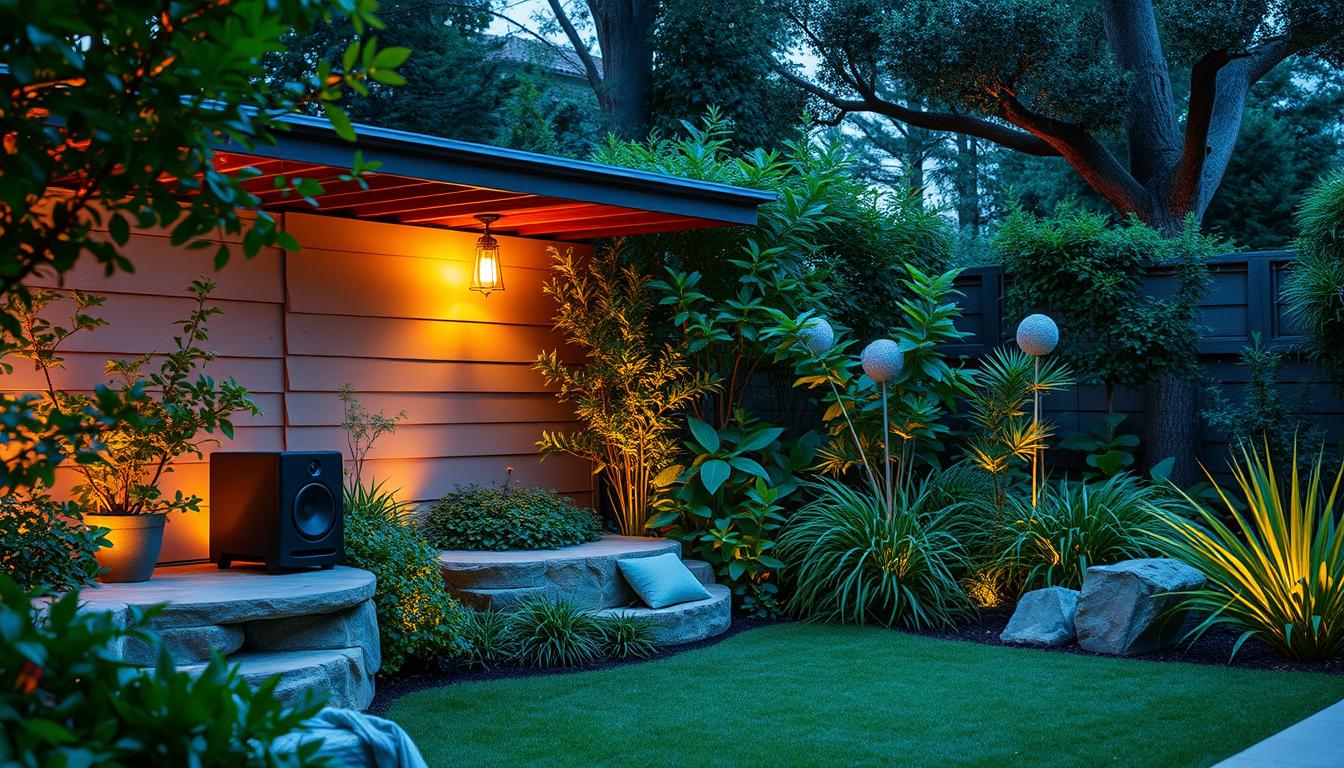 Outdoor sound solutions: a serene garden oasis with sleek, discreet speakers seamlessly integrated into the landscape. Lush greenery and natural textures form the tranquil backdrop, while strategically placed audio equipment blends harmoniously. Warm, diffused lighting casts a cozy glow, creating an inviting ambiance perfect for alfresco entertainment. The arrangement showcases how outdoor audio can elevate the sensory experience, transforming a simple backyard into a captivating soundstage. Crisp, high-fidelity sound radiates from concealed sources, immersing listeners in a symphony of nature and music. This image captures the essence of expanding your sound beyond the indoor confines, unlocking the full potential of your outdoor living spaces.