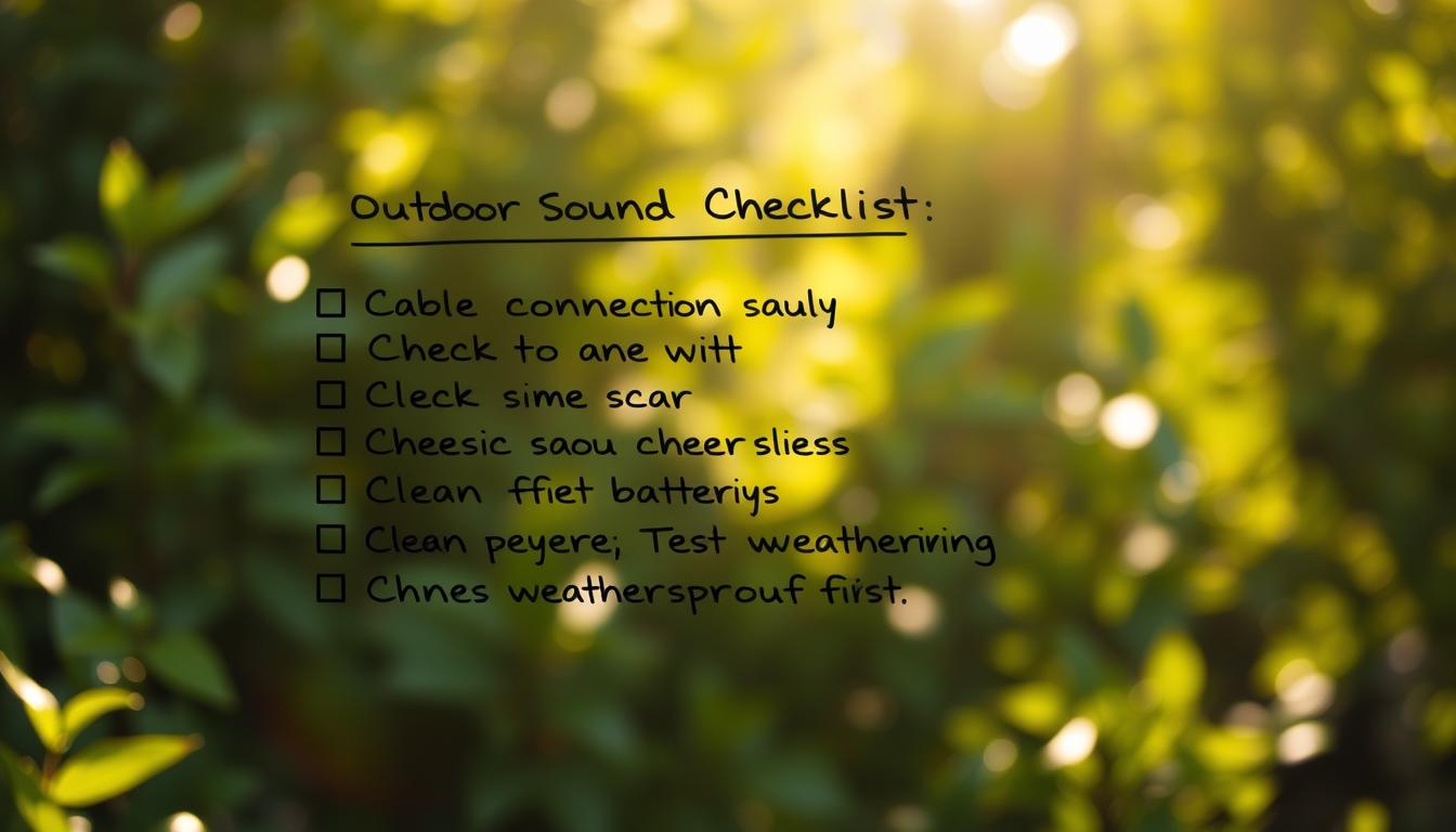 Outdoor sound solutions maintenance checklist: A well-organized, neatly handwritten list against a softly blurred, lush green natural backdrop. The list items are clearly visible, detailing essential tasks like checking cable connections, cleaning speakers, testing batteries, and inspecting weatherproofing. Warm, directional sunlight filters through the foliage, casting gentle shadows and creating a serene, calming atmosphere. The composition is balanced, with the checklist centered and surrounded by a sense of tranquility, inviting the viewer to engage with the task at hand.