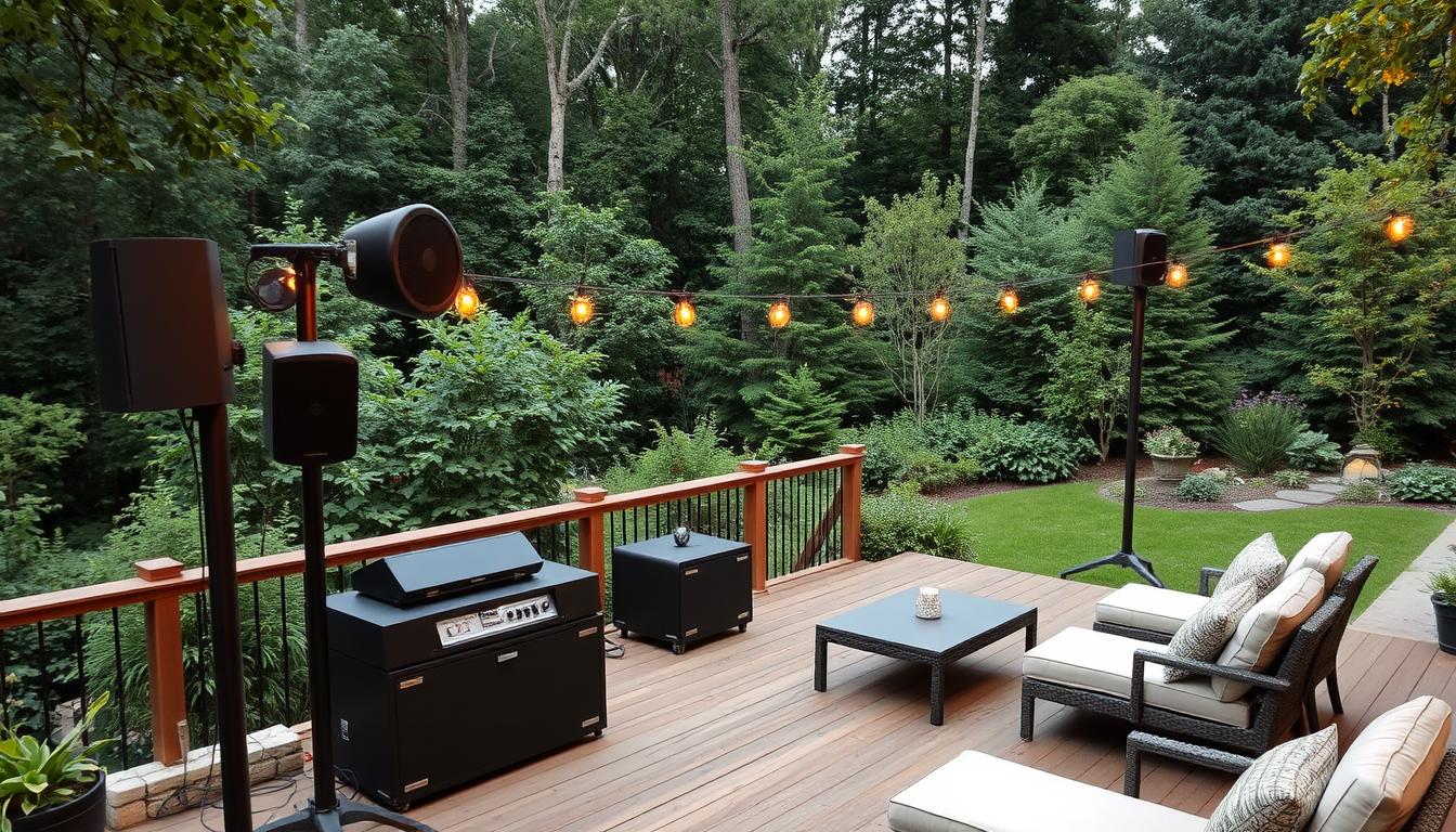 Outdoor sound system installation: A meticulously crafted setup nestled in a lush, verdant landscape. Rugged, weatherproof speakers mounted on sturdy poles, angled to project crystal-clear audio across the expansive backyard. Sleek, minimalist control panels flush-mounted on a wooden deck, surrounded by stylish patio furniture. Carefully placed lighting fixtures cast a warm, inviting glow, illuminating the scene while preserving the serene ambiance of the natural environment. Wires and cables discreetly routed through the landscape, blending seamlessly with the terrain. The entire installation exudes a sense of effortless elegance and attention to detail, creating the perfect outdoor entertainment oasis.