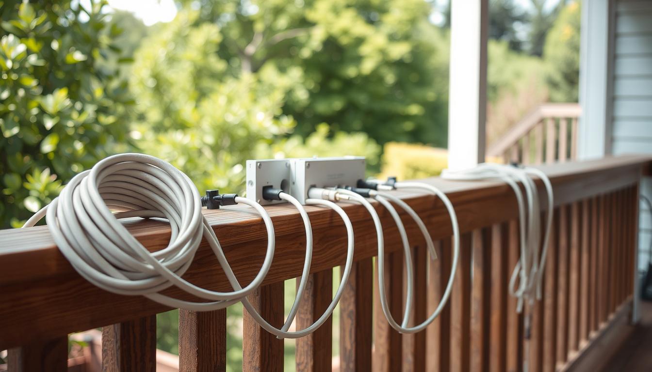 Outdoor sound wiring solutions: A meticulously arranged scene showcasing clean and visually appealing cable management techniques for outdoor audio setups. In the foreground, a neatly bundled set of weatherproof speaker wires and conduits snake along a wooden deck railing, their neutral tones blending seamlessly with the natural environment. In the middle ground, a well-organized junction box with secure cable entries provides a central distribution point. The background features lush, verdant foliage and a tranquil outdoor setting, evoking a serene, minimalist aesthetic. Soft, diffused natural lighting casts gentle shadows, emphasizing the precision and attention to detail in the wiring layout. An overall impression of thoughtful, functional design that elevates the outdoor audio experience.